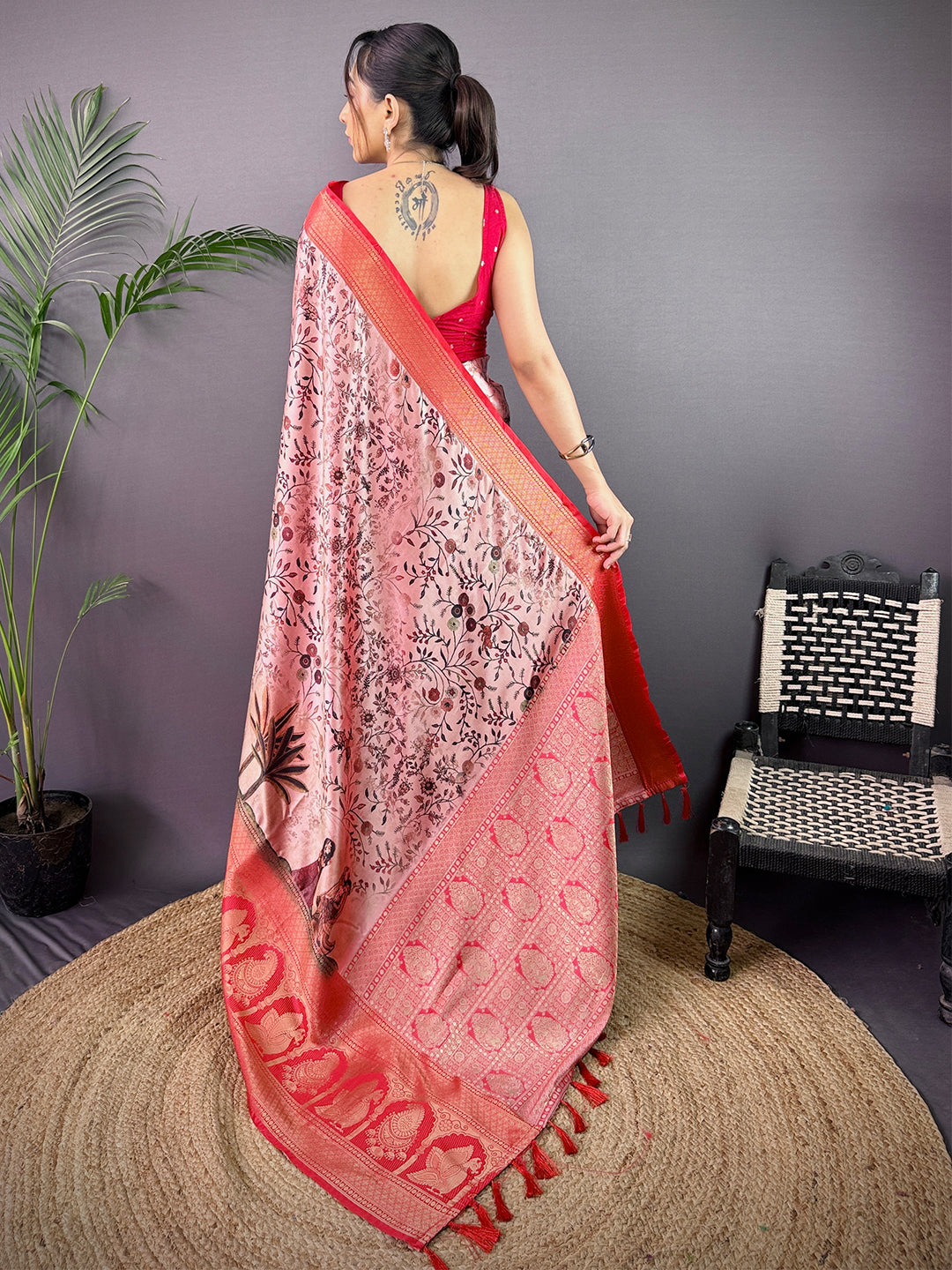 Radiant Soft Cherry Satin Kalamkari Print Saree by My Store