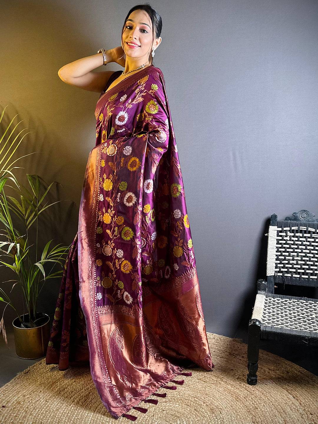 Dark Magenta Banarasi Silk Zari Butta Saree by My Store