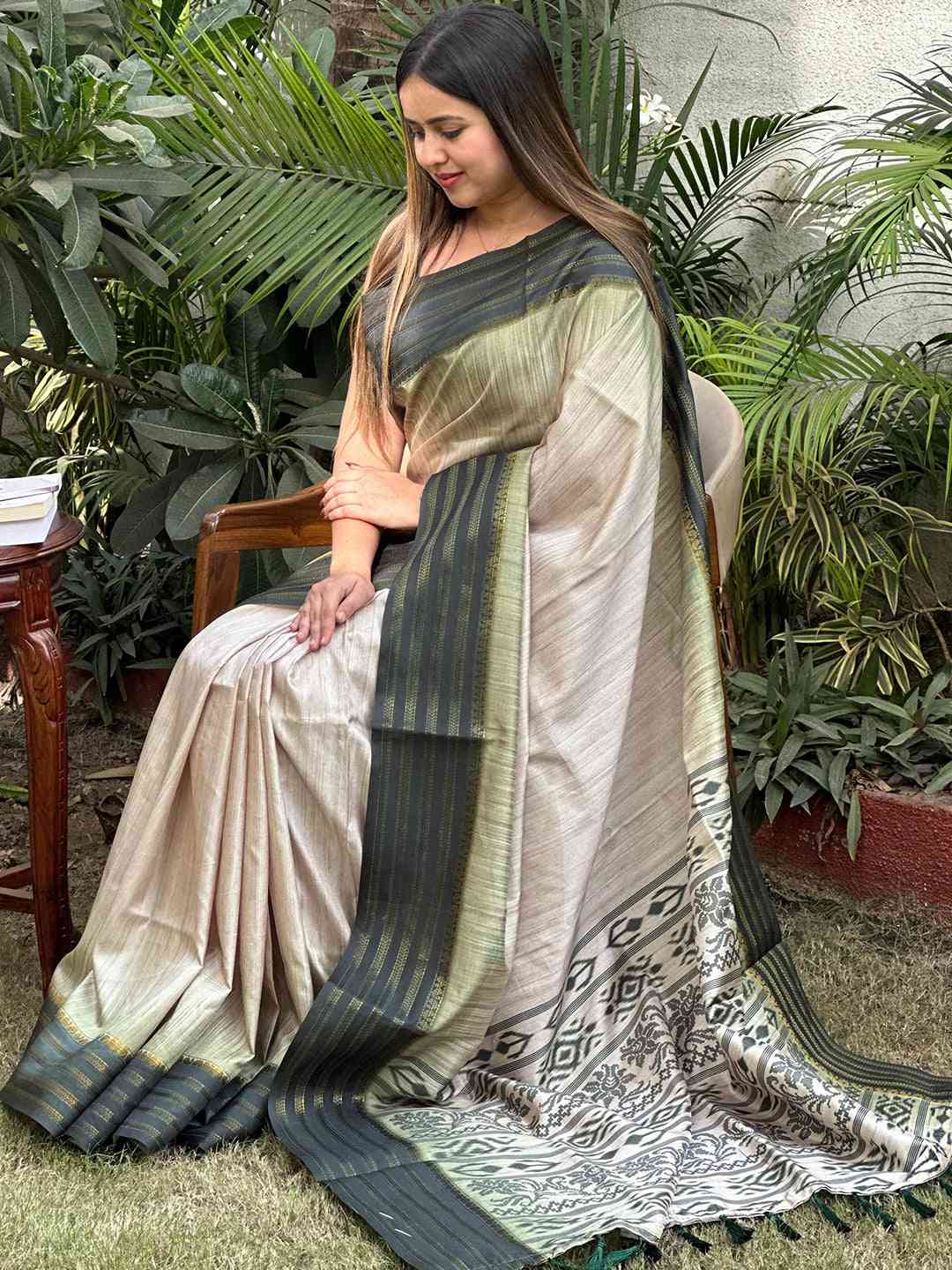 Ikkat Motifs and Paisley Prints on Ghicha Saree by My Store