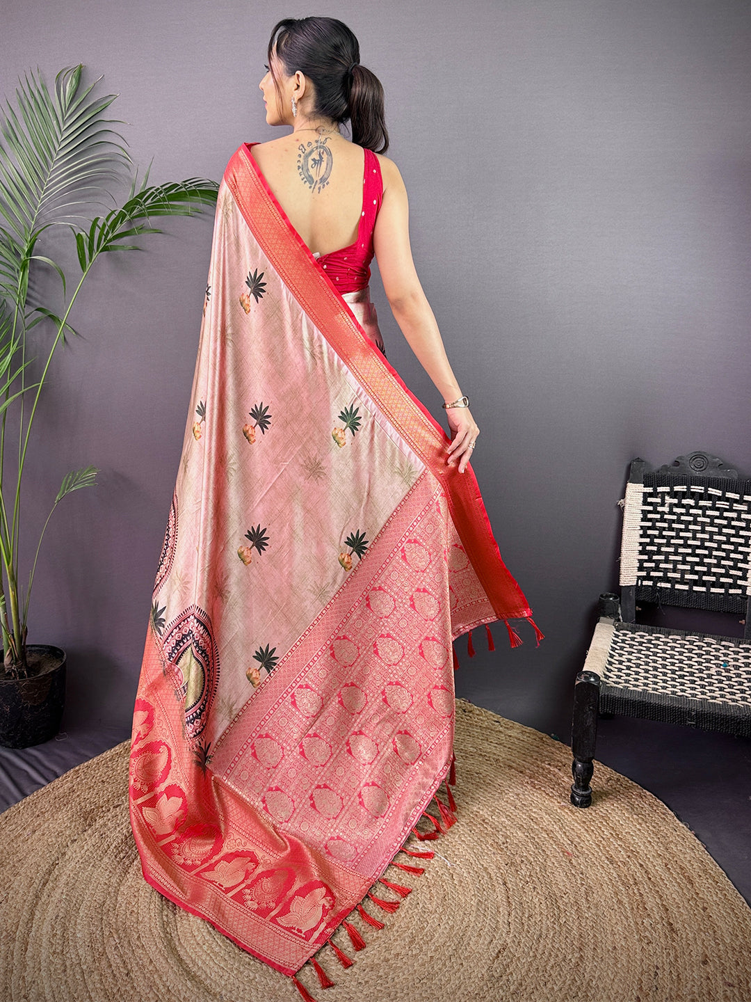 Elegance Soft Cherry Satin Kalamkari Print Saree by My Store