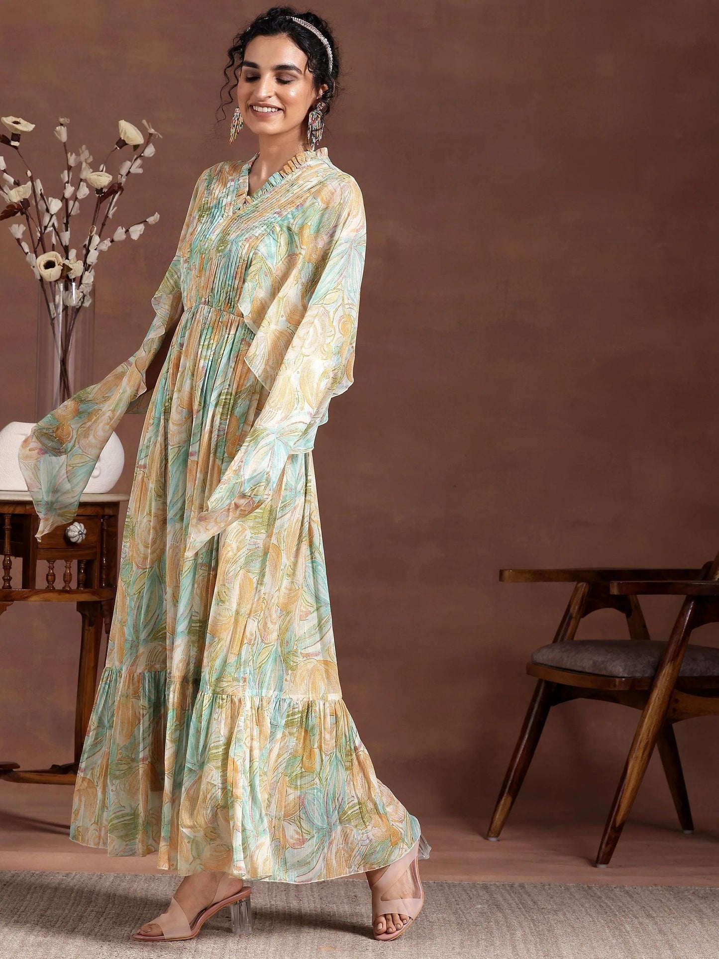 Green Printed Chiffon A-Line Dress by My Store