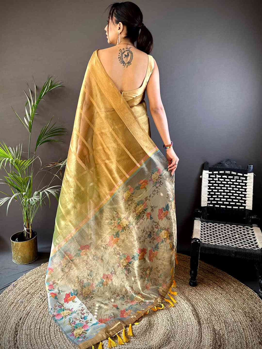 Mustard Ombre Zari Tissue Digital Print Saree by My Store