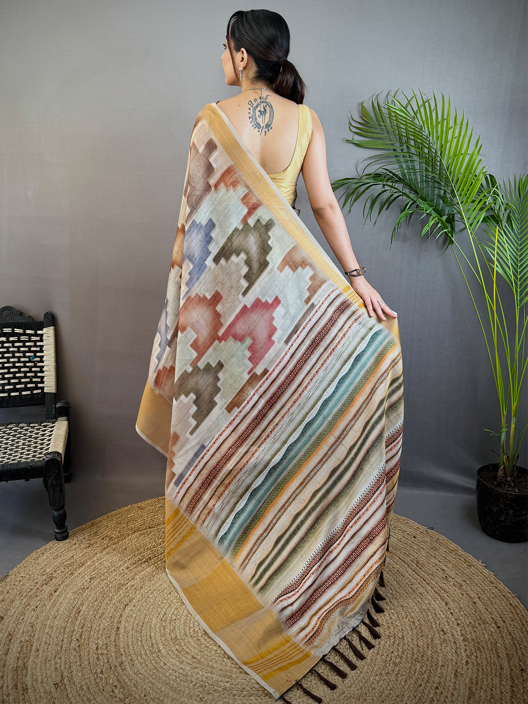 Ivory Geometric Kalamkari Linen Saree by My Store