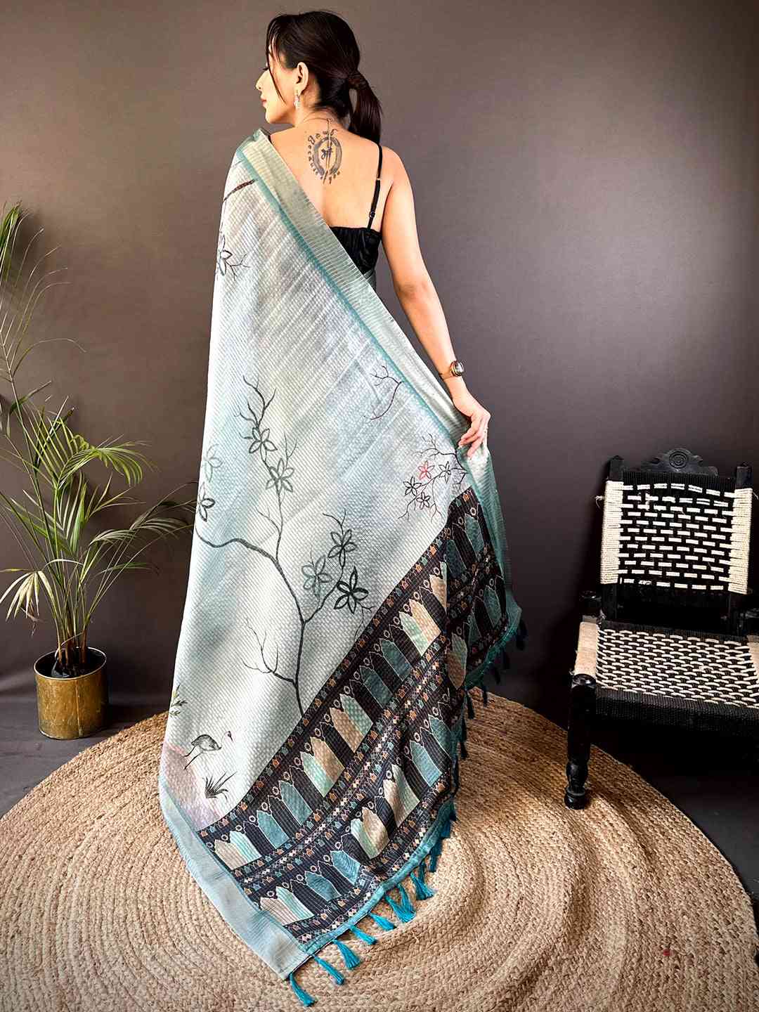 Powder Blue Tussar Chex Japanese Print Saree by My Store