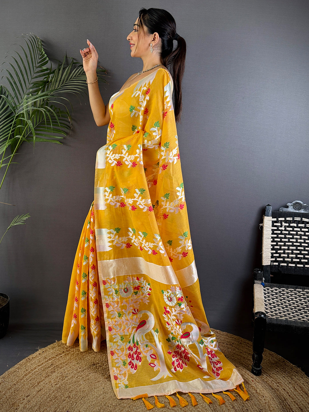 Radiance Yellow Dhakai Cotton Silk Saree by My Store