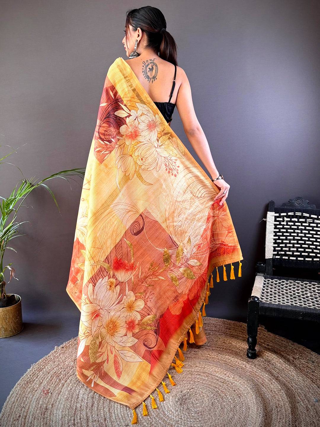 Golden Yellow Semi Zari Tussar Floral Saree by My Store