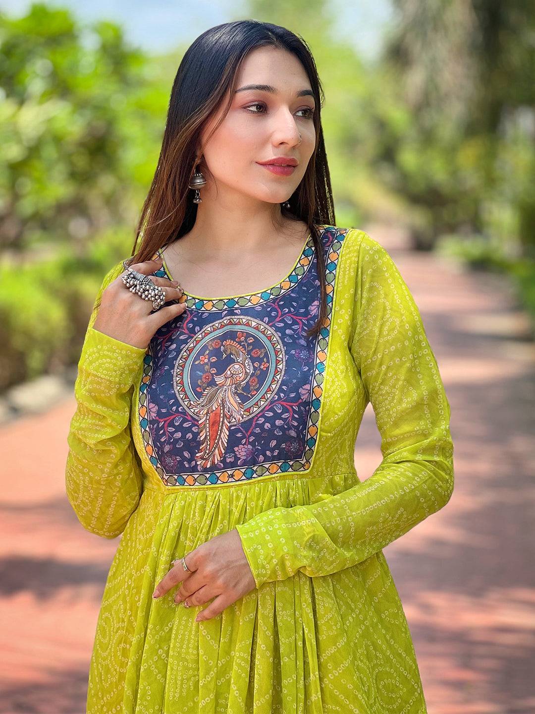 Pea Green Bandhej Dress by My Store