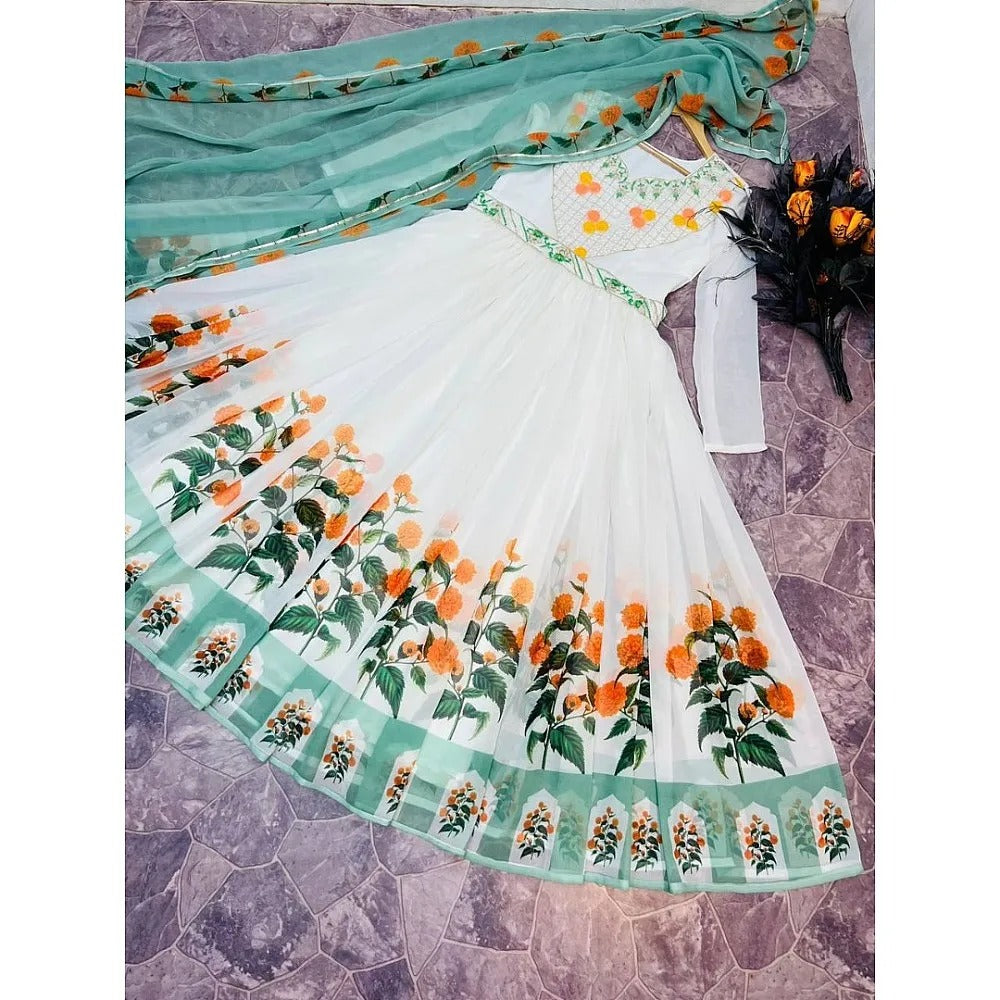 White Color Embroidery Work & Digital Printed Gown by My Store
