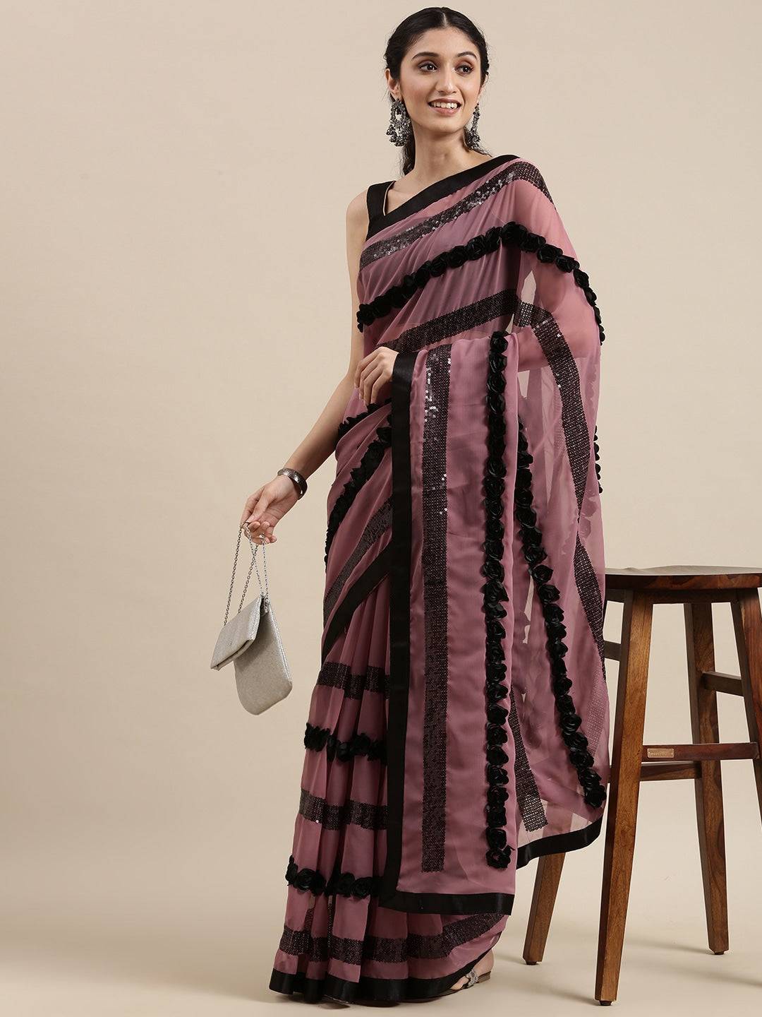 Poly Georgette Ribbon 3D Work Wine Colour Saree by My Store