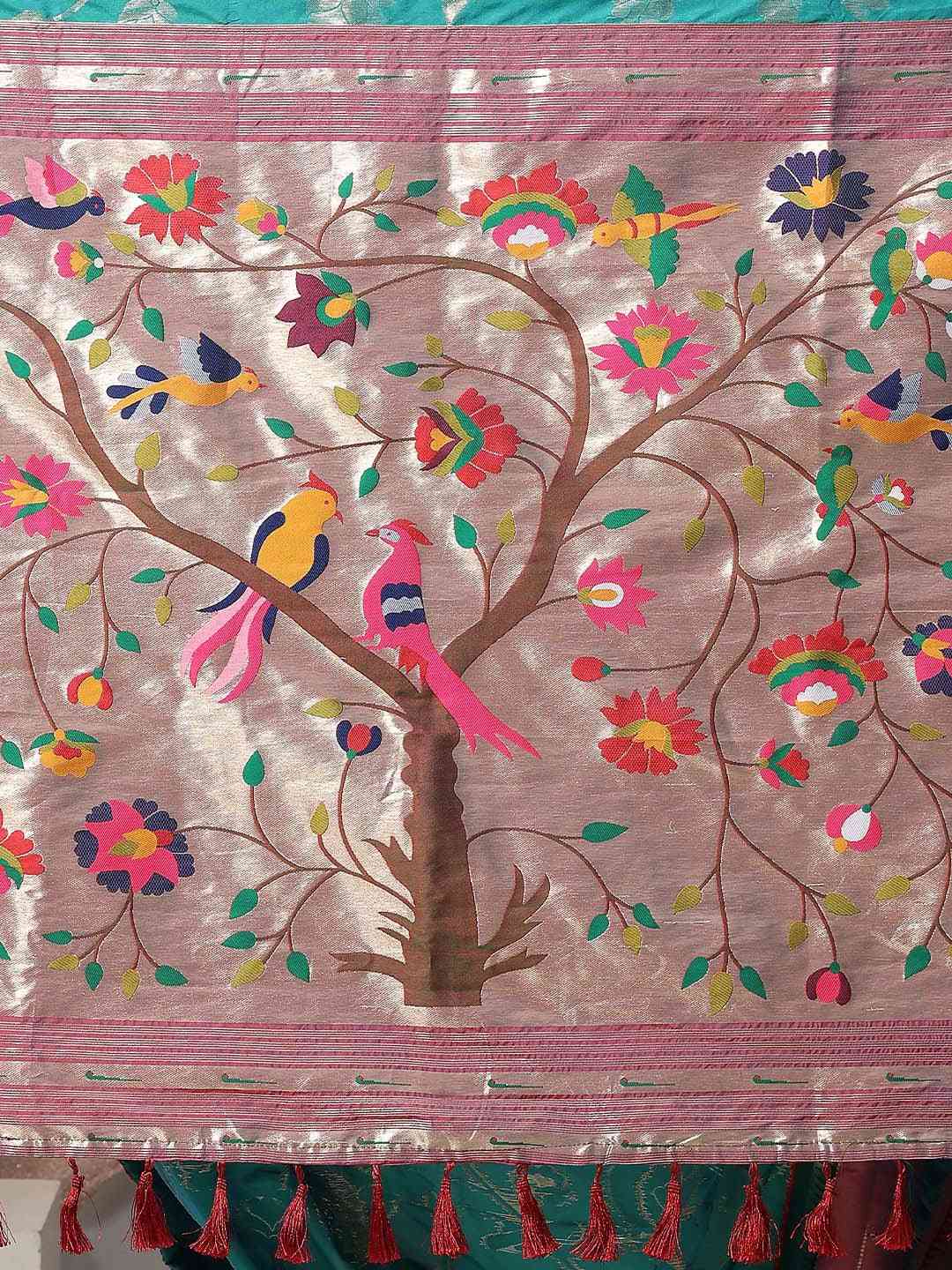 Silk Blend Woven Zari Work Paithani Saree In Rama Colour by My Store