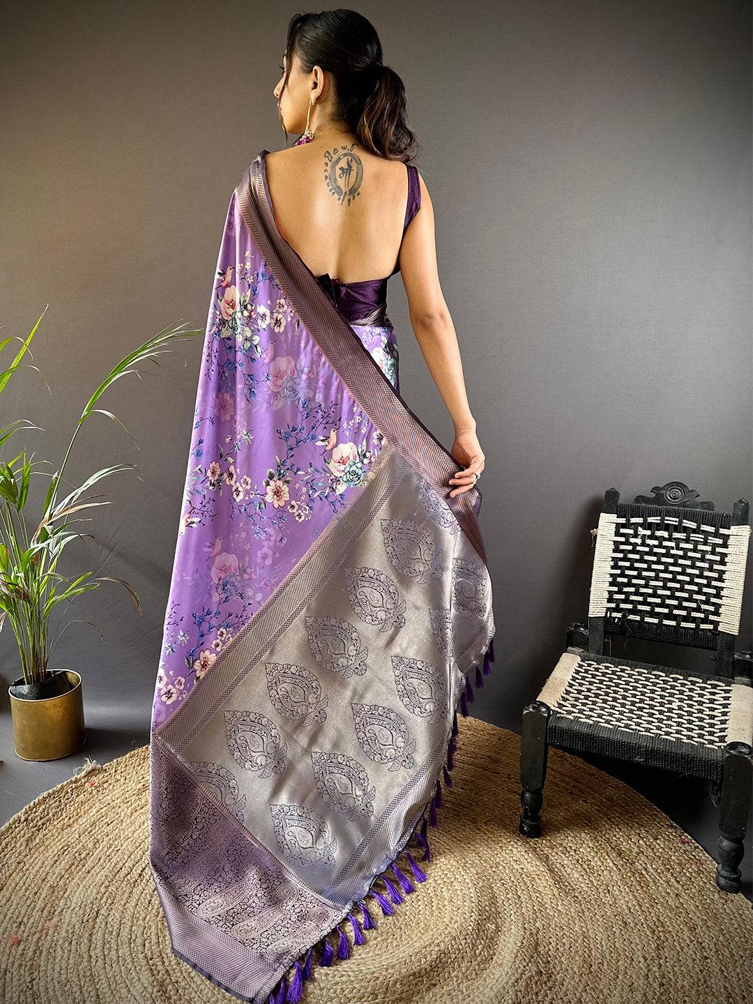 Lilac Purple Satin Silk Floral Print Saree by My Store
