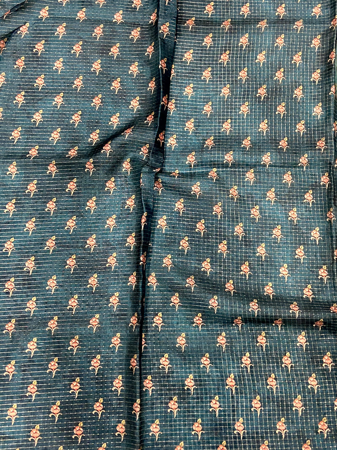 Teal Blue Gold Zari Chanderi Phulkari Floral Saree by My Store