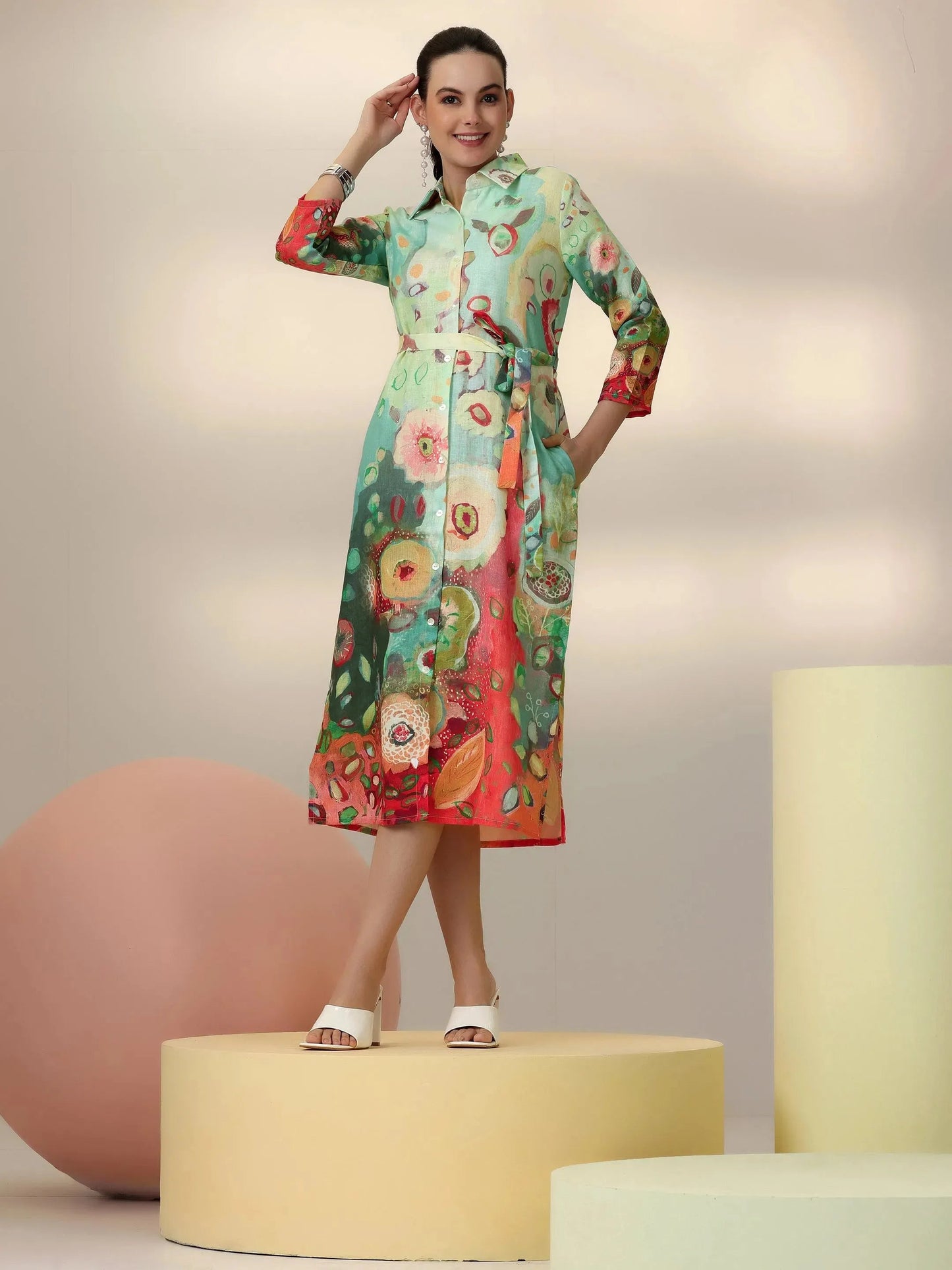 Sea Green Printed Cotton Blend Shirt Dress With Belt by My Store