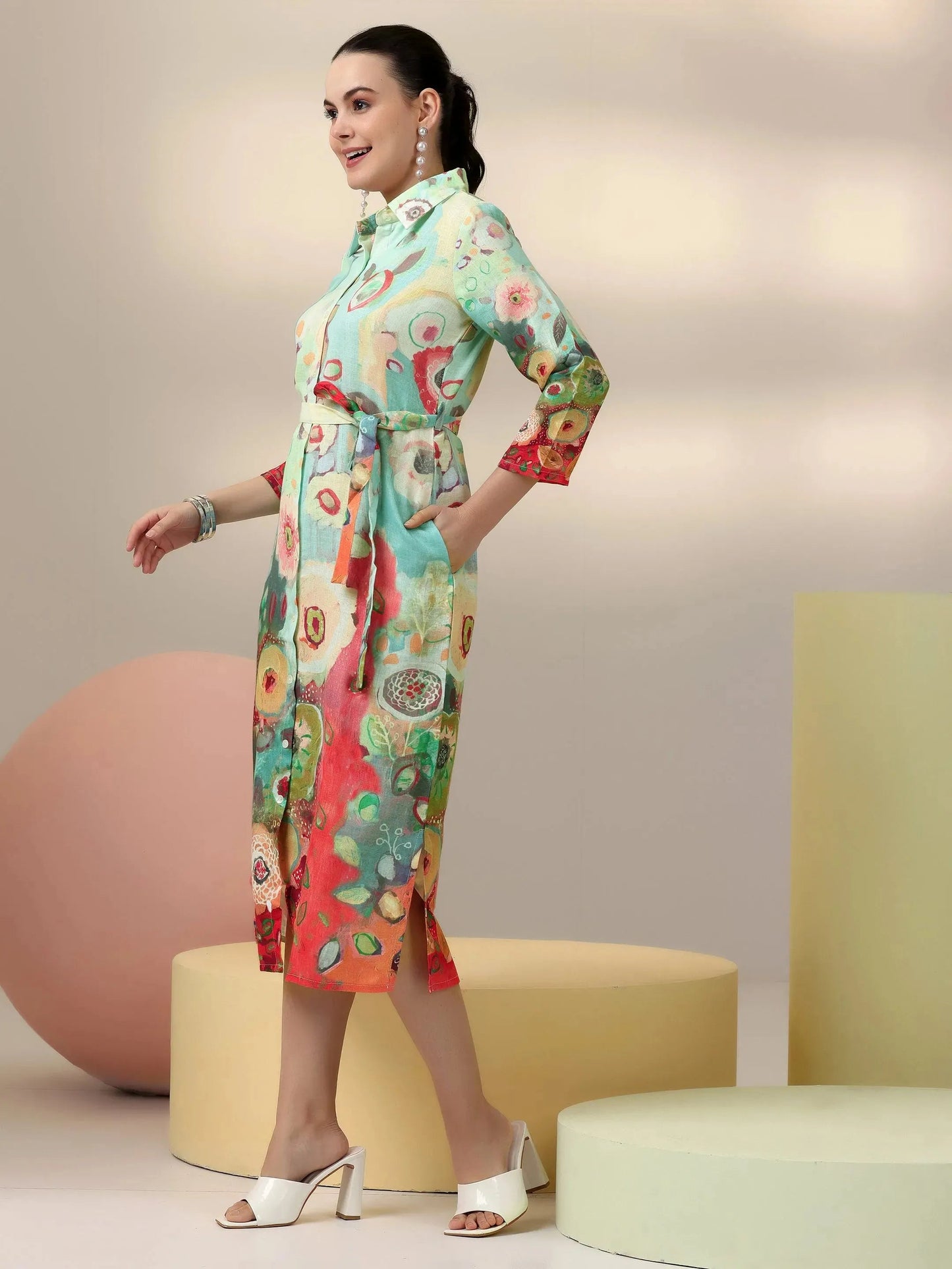 Sea Green Printed Cotton Blend Shirt Dress With Belt by My Store
