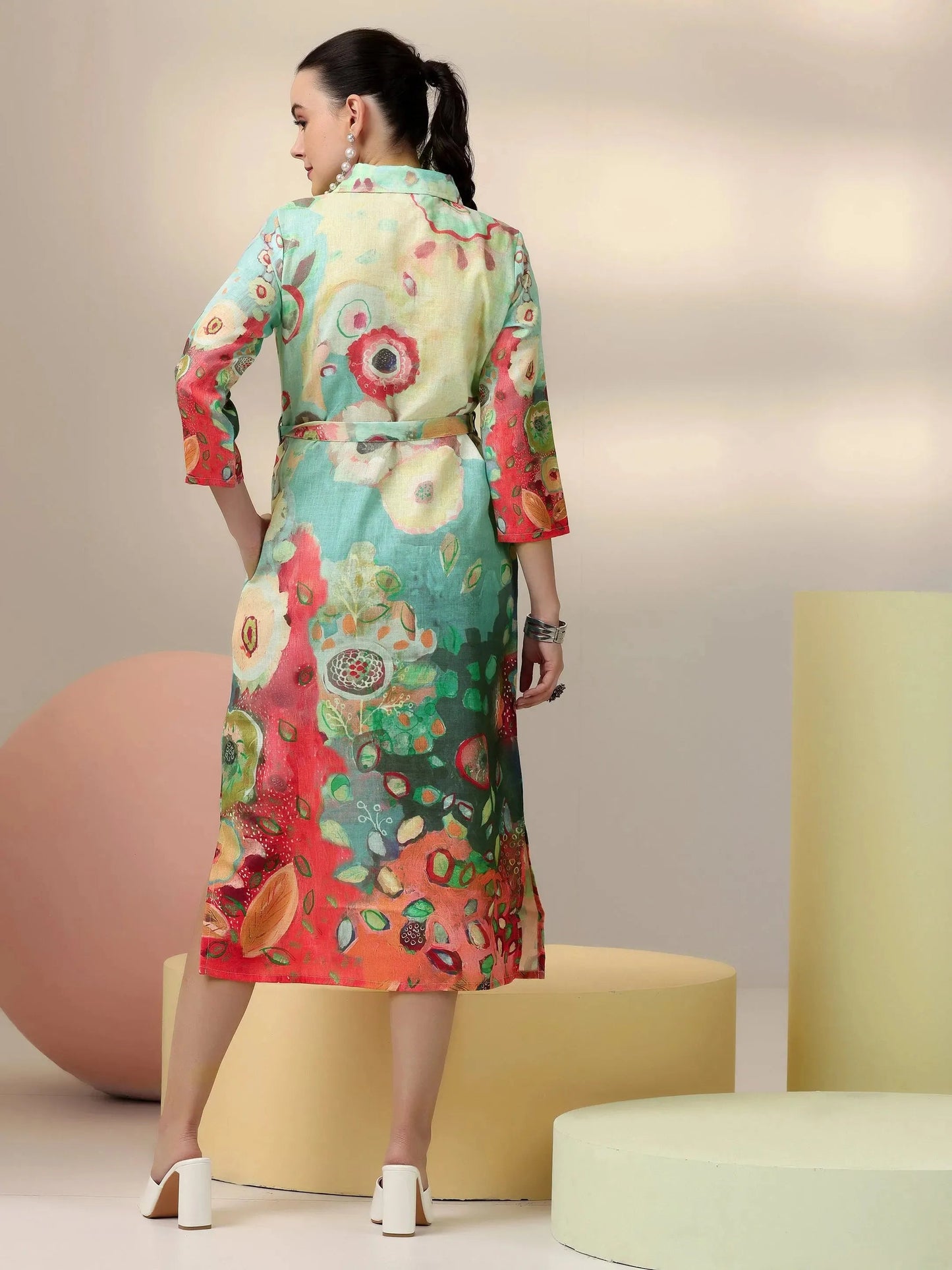 Sea Green Printed Cotton Blend Shirt Dress With Belt by My Store
