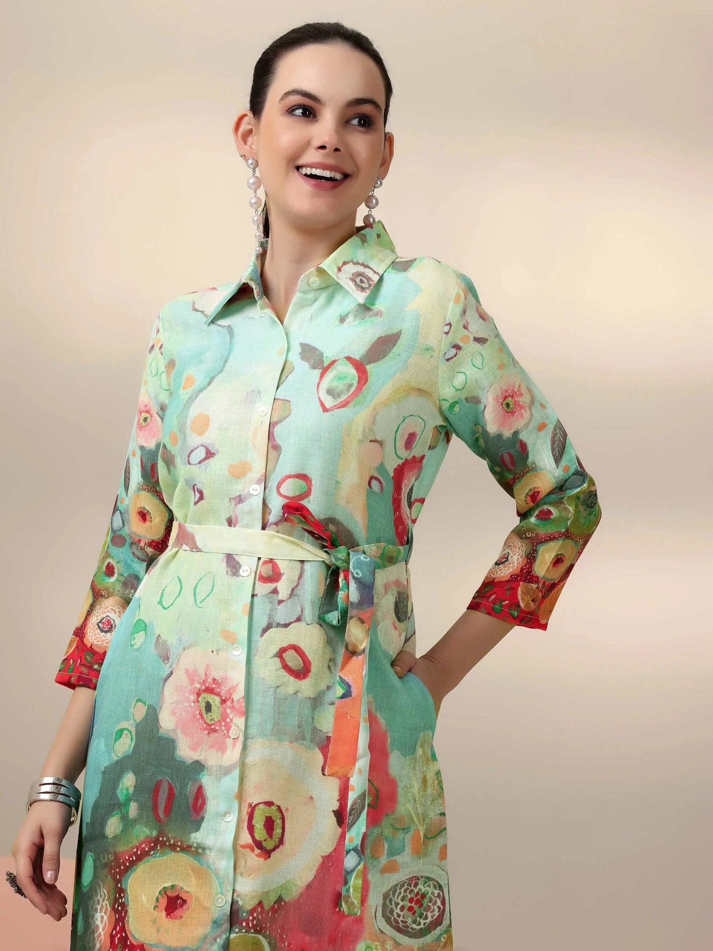Sea Green Printed Cotton Blend Shirt Dress With Belt by My Store
