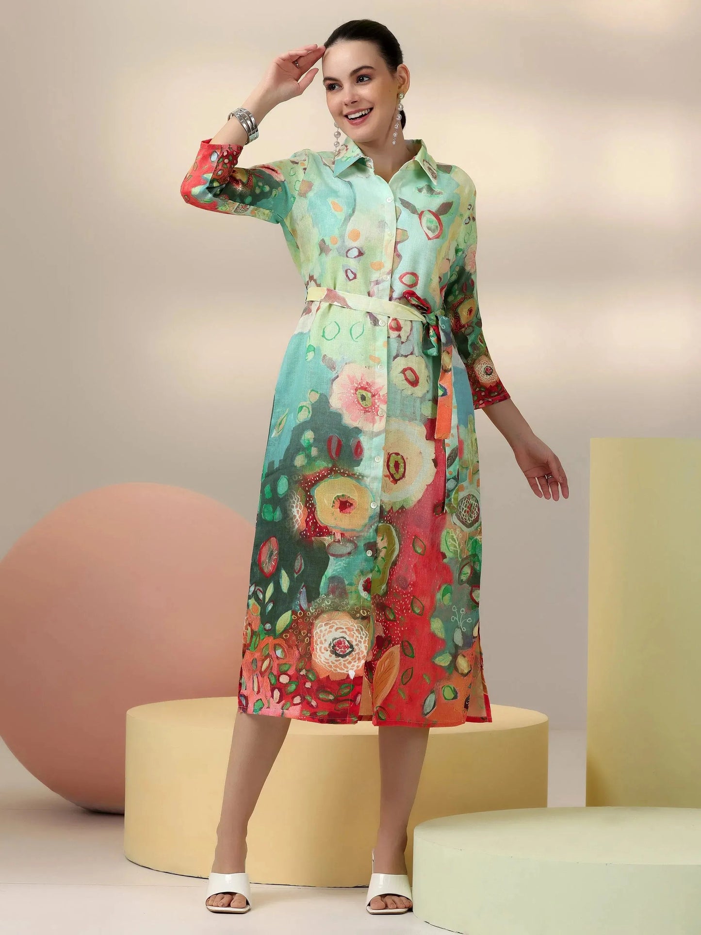Sea Green Printed Cotton Blend Shirt Dress With Belt by My Store