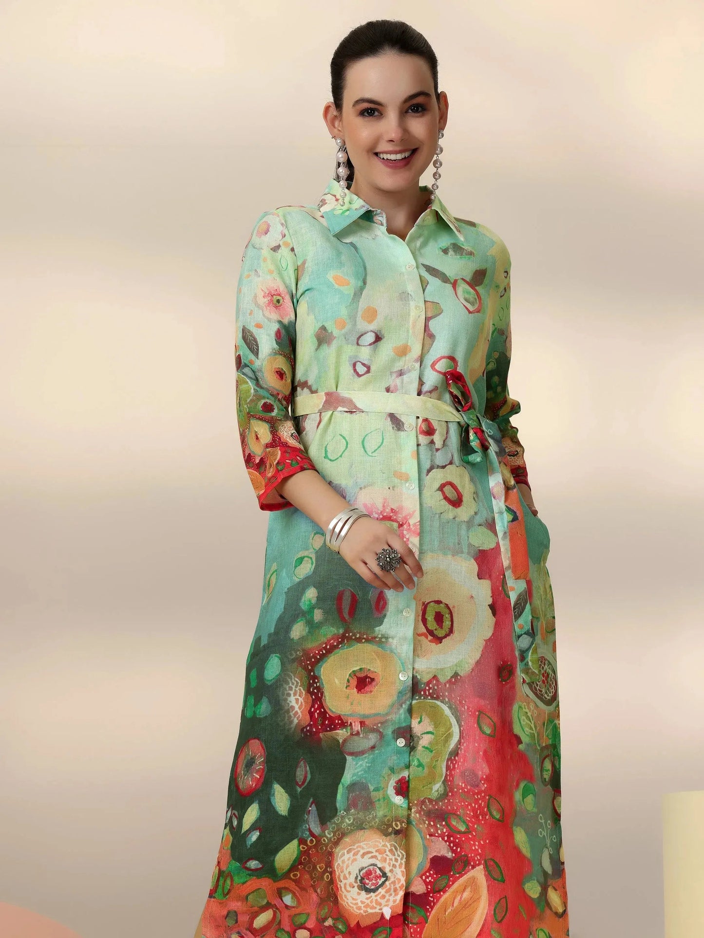 Sea Green Printed Cotton Blend Shirt Dress With Belt by My Store