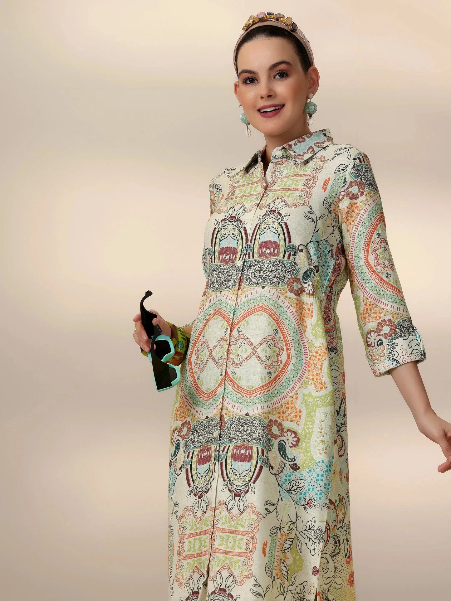 Off White Printed Cotton Blend A-Line Dress by My Store