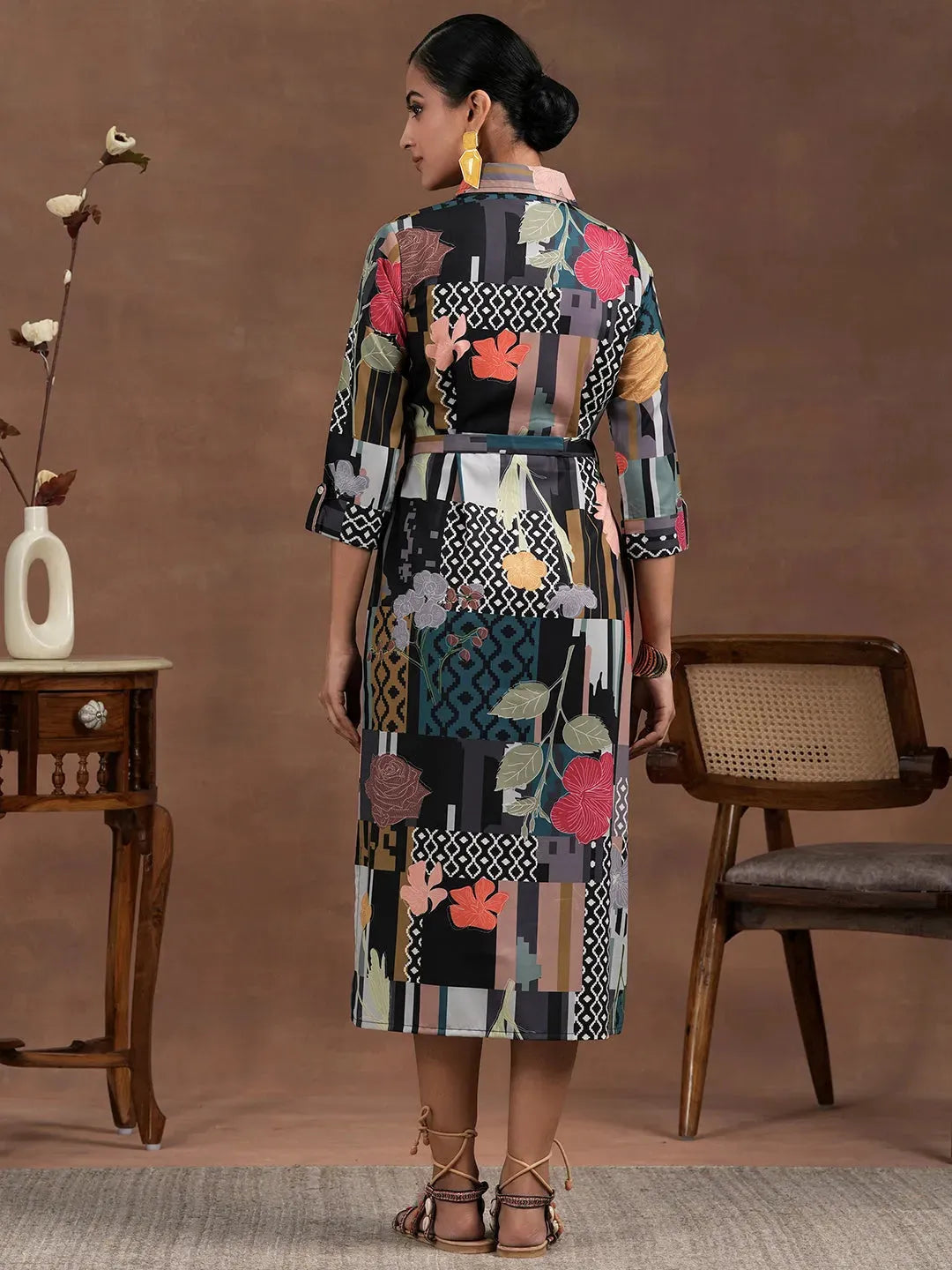 Multicoloured Printed Crepe Shirt Dress With Belt by My Store