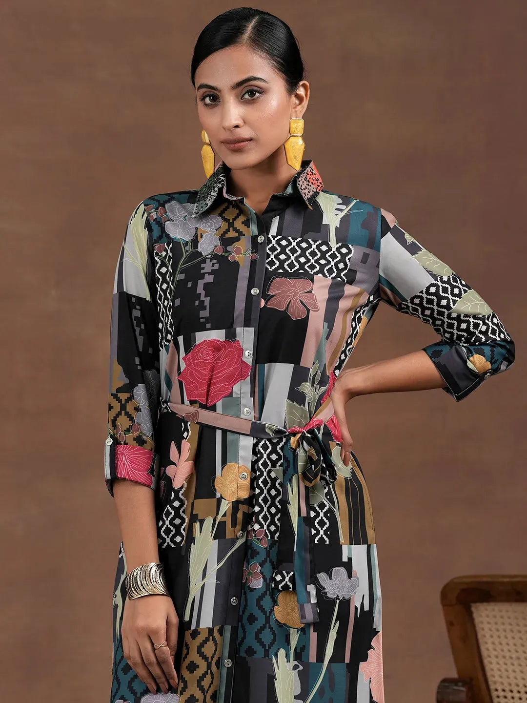 Multicoloured Printed Crepe Shirt Dress With Belt by My Store