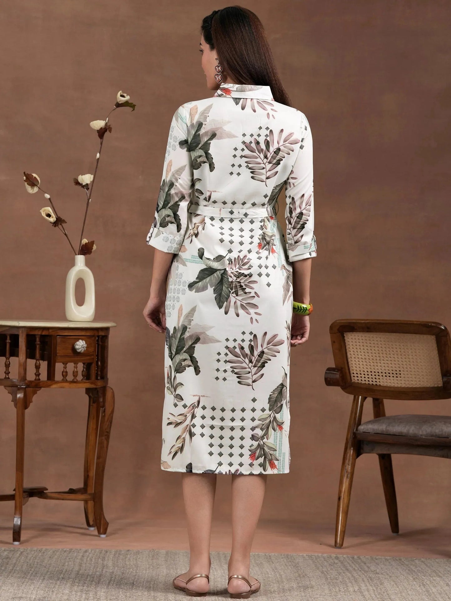 Off White Printed Crepe Shirt Dress With Belt by My Store