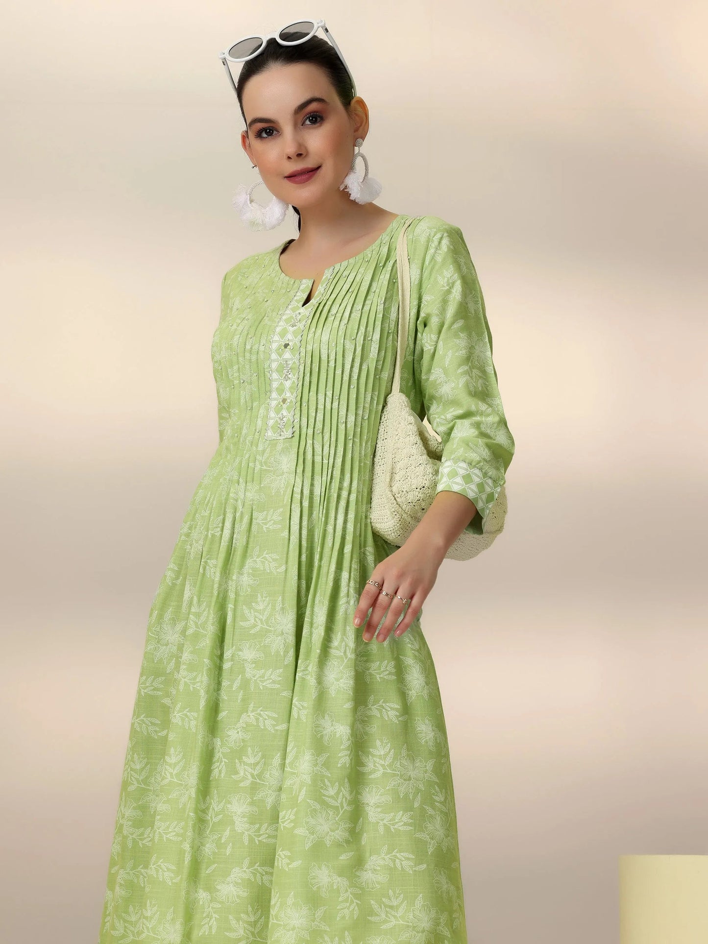 Green Printed Cotton A-Line Dress