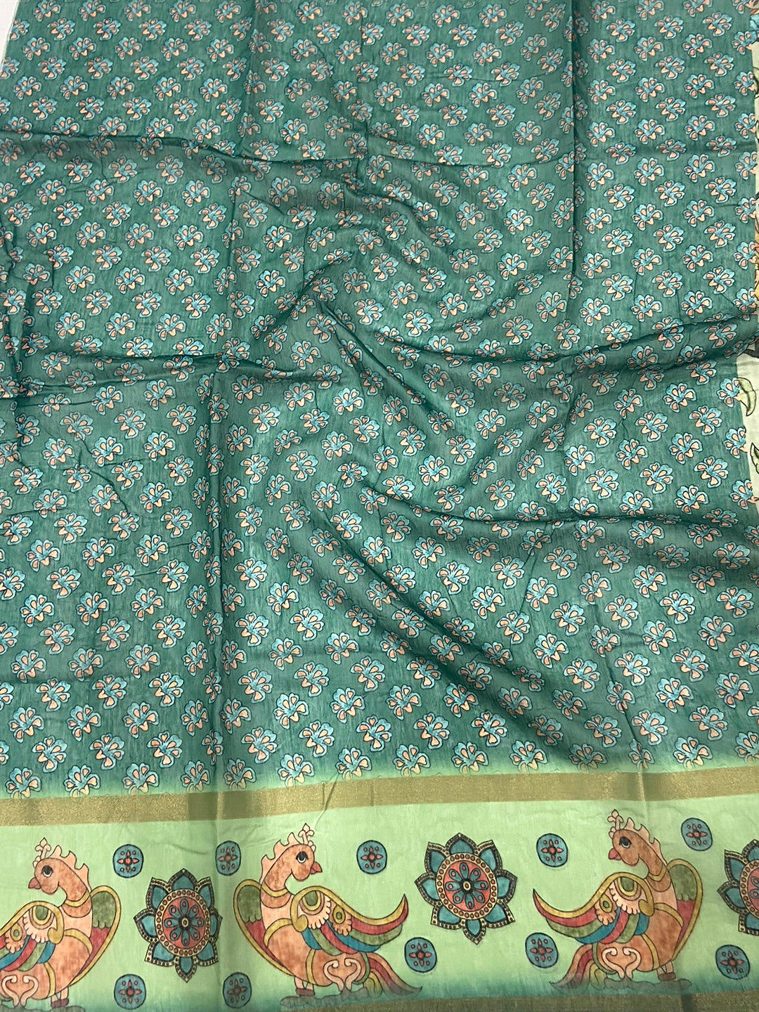 Pista Floral Kalamkari Chanderi Cotton Saree by My Store