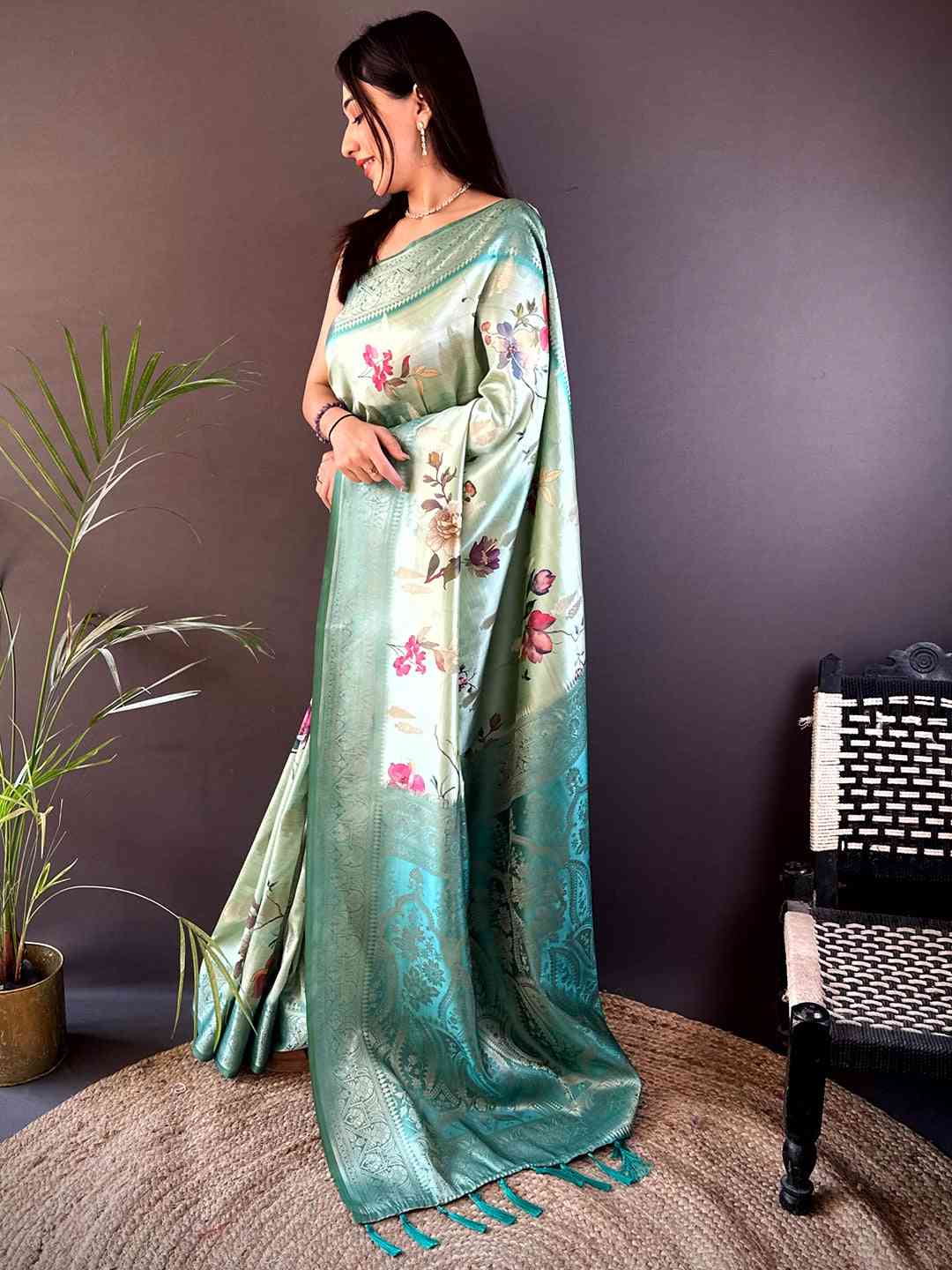 Mint Green Bamboo Silk Floral Saree by My Store