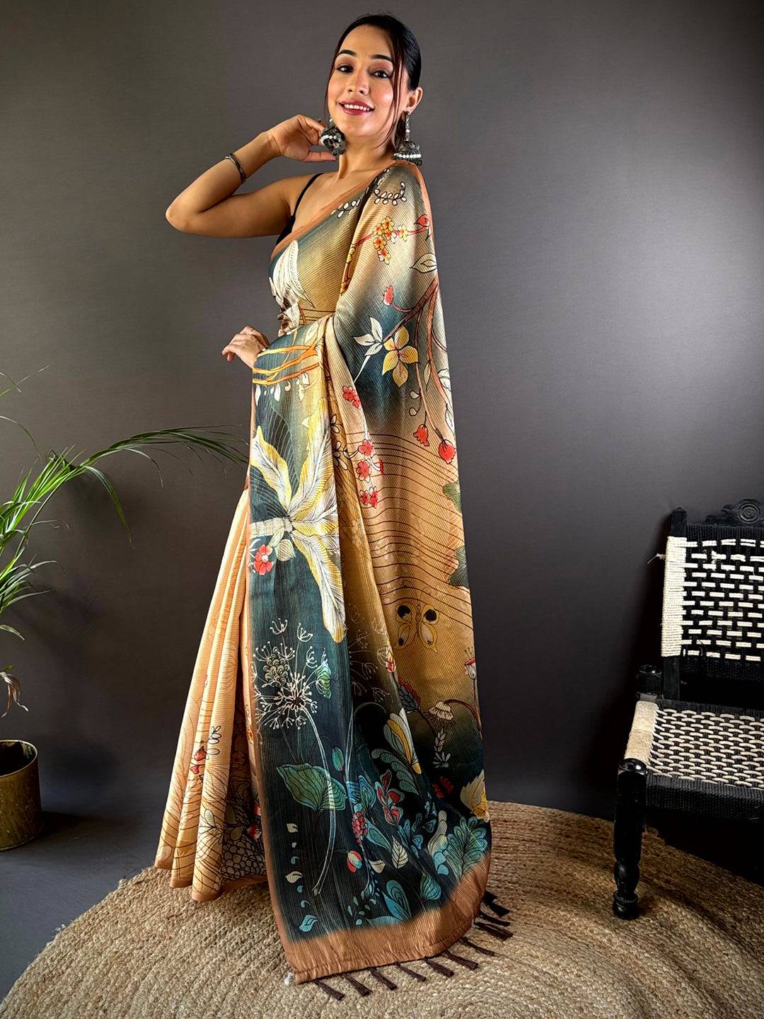 Peach Semi Gold Zari Botanical Tussar Saree by My Store