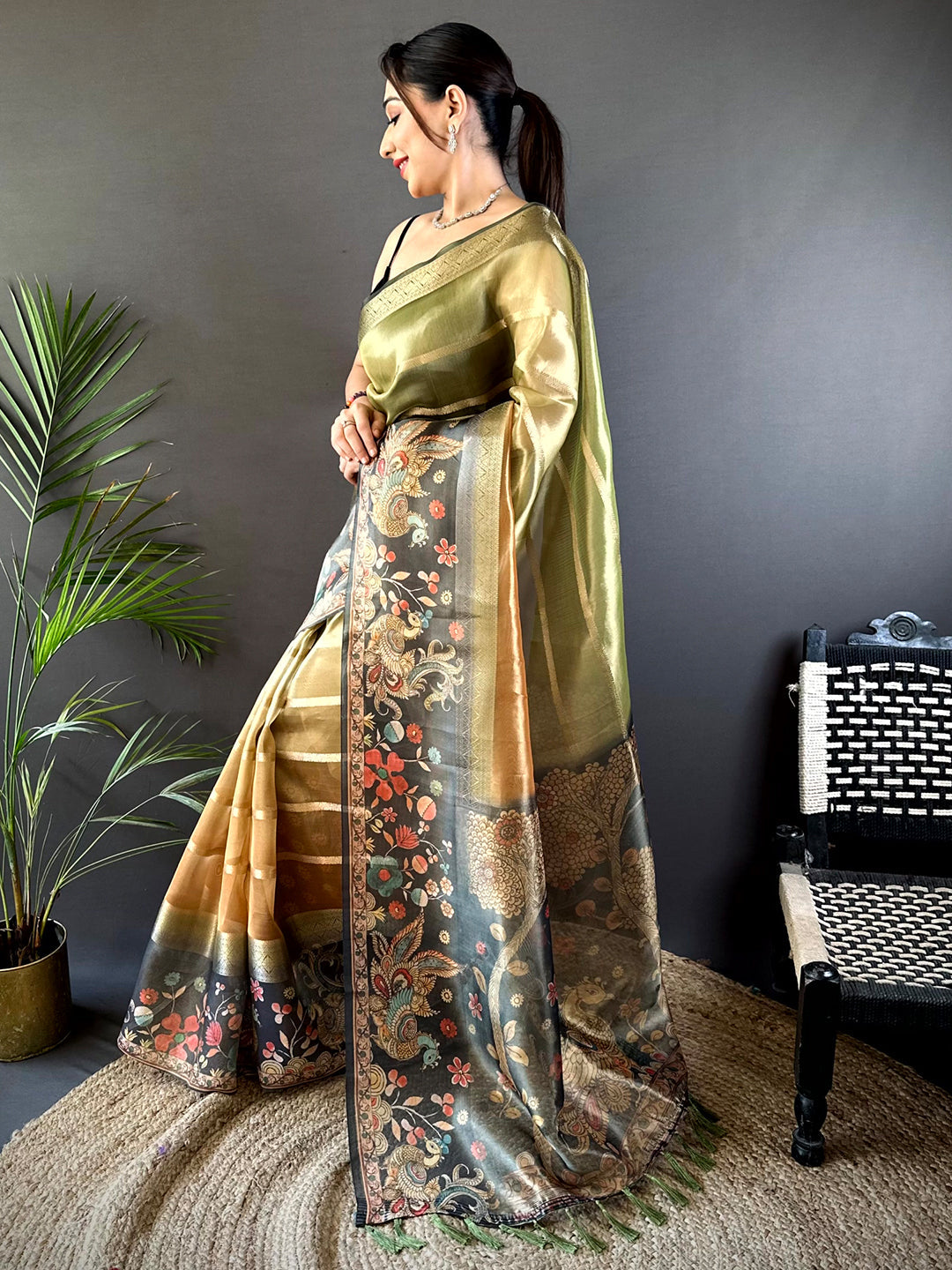 Green Tissue Kalamkari Print Saree by My Store