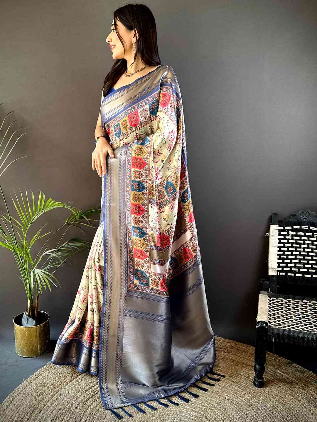 Royal Blue Mughal Kalamkari Print Pashmina Saree by My Store