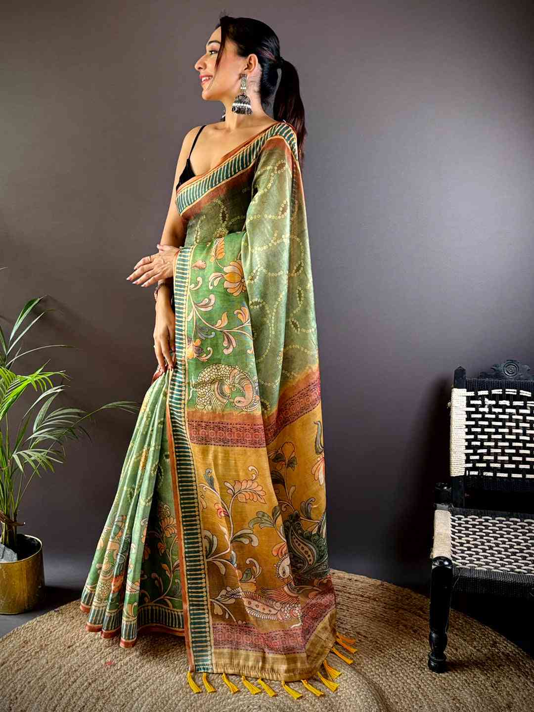 Fern Green Floral Chanderi Saree by My Store