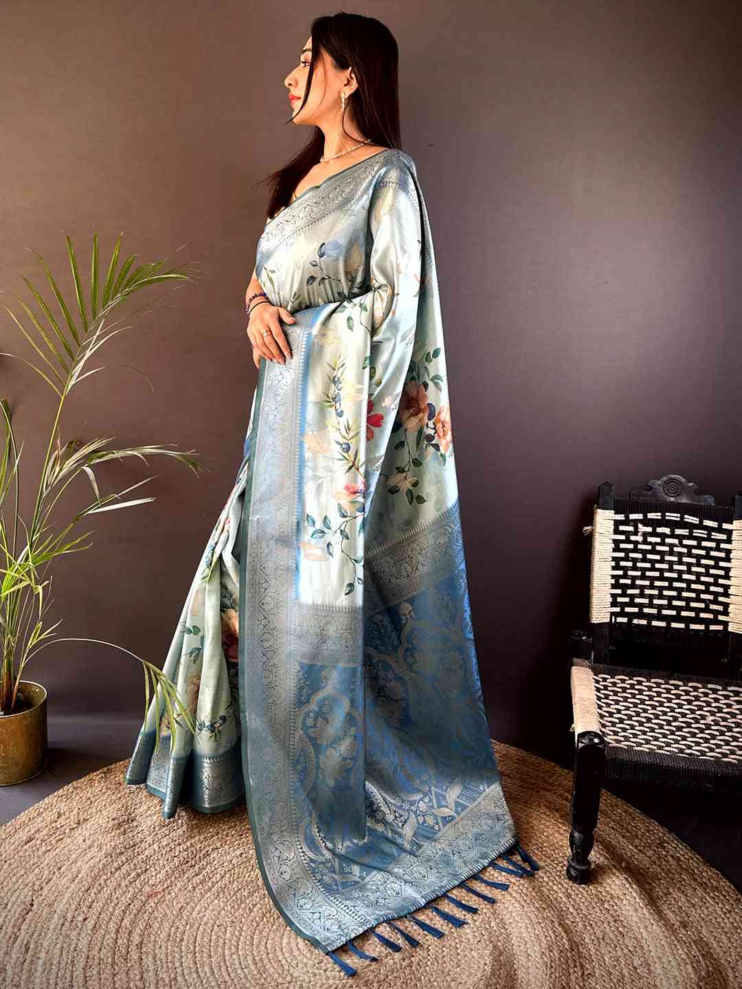 Pastel Blue Bamboo Silk Floral Saree by My Store