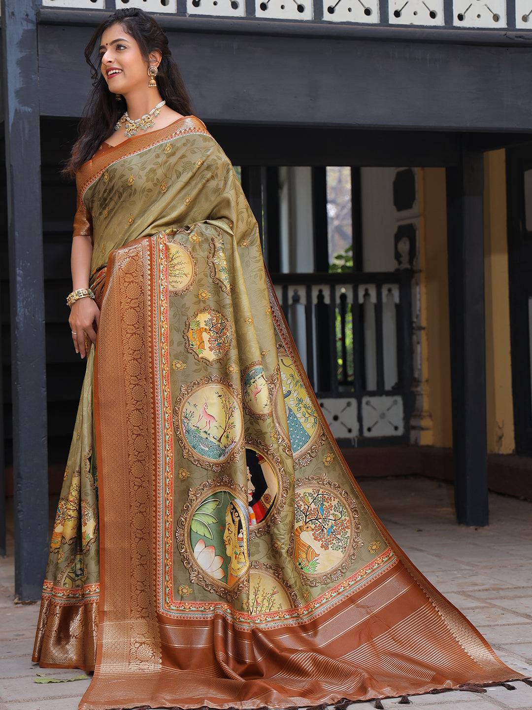 Pure Viscose Dola Silk Saree With Zari Weaving Pallu In Olive Colour - Luxe by My Store
