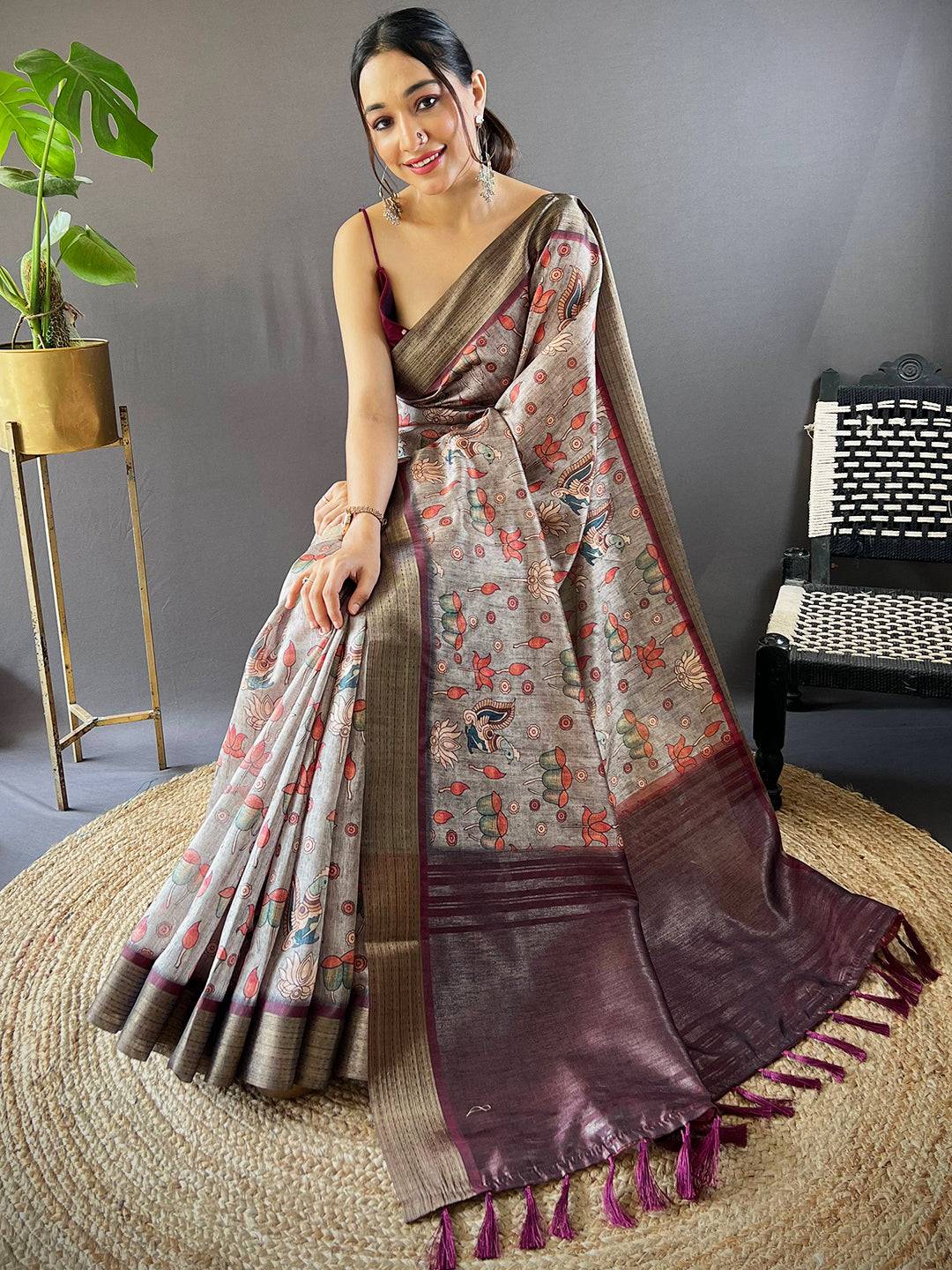 Grey Kalamkari Tussar Silk Saree by My Store