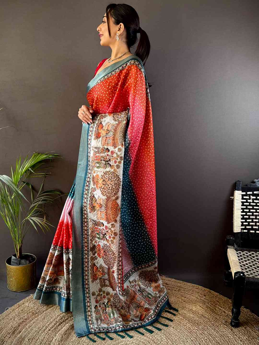 Radiant Silk Blend Bandhani Print Saree by My Store