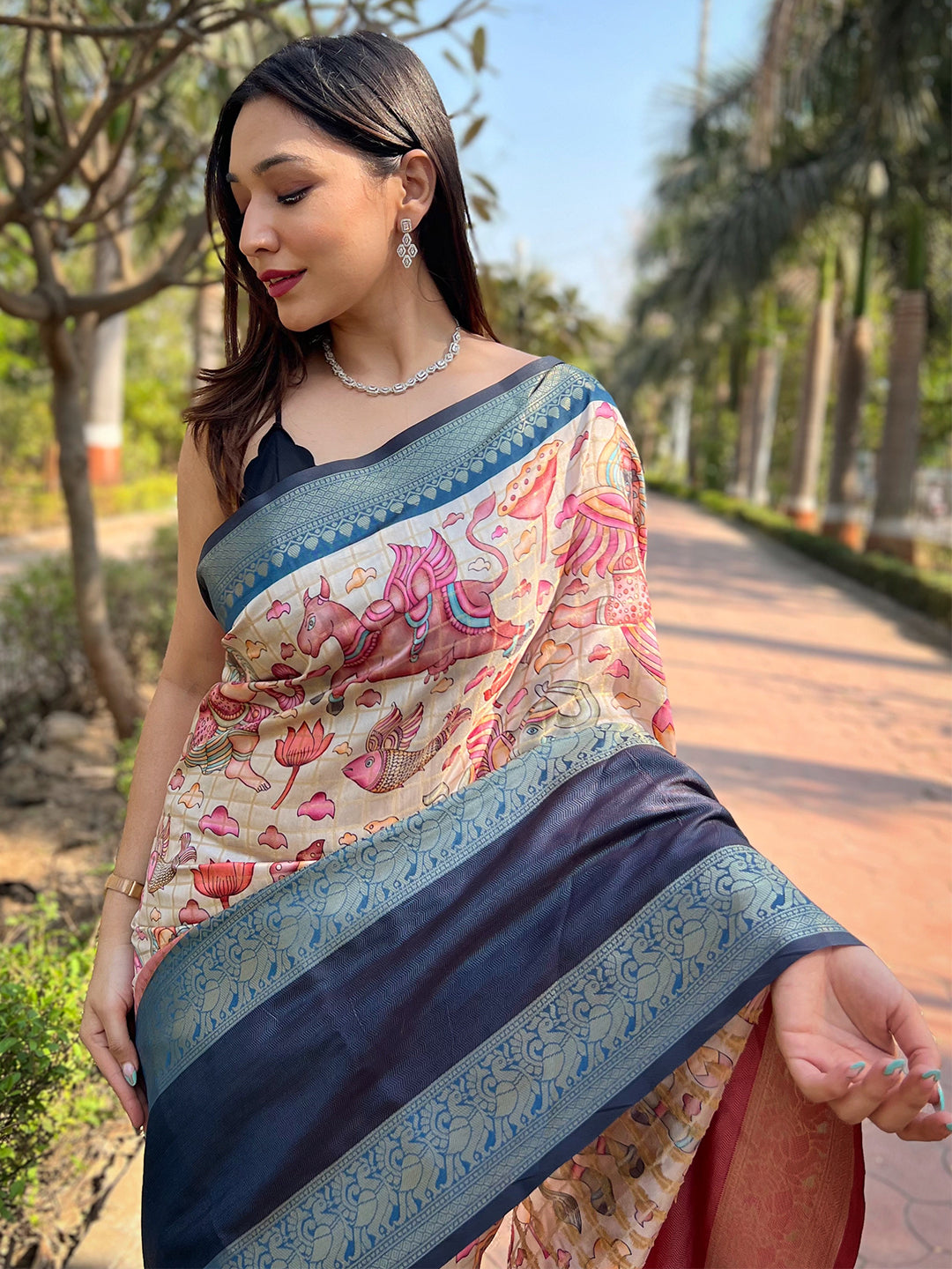 Blue Colour Double Border Chex Weaving Banarasi Soft Silk Saree