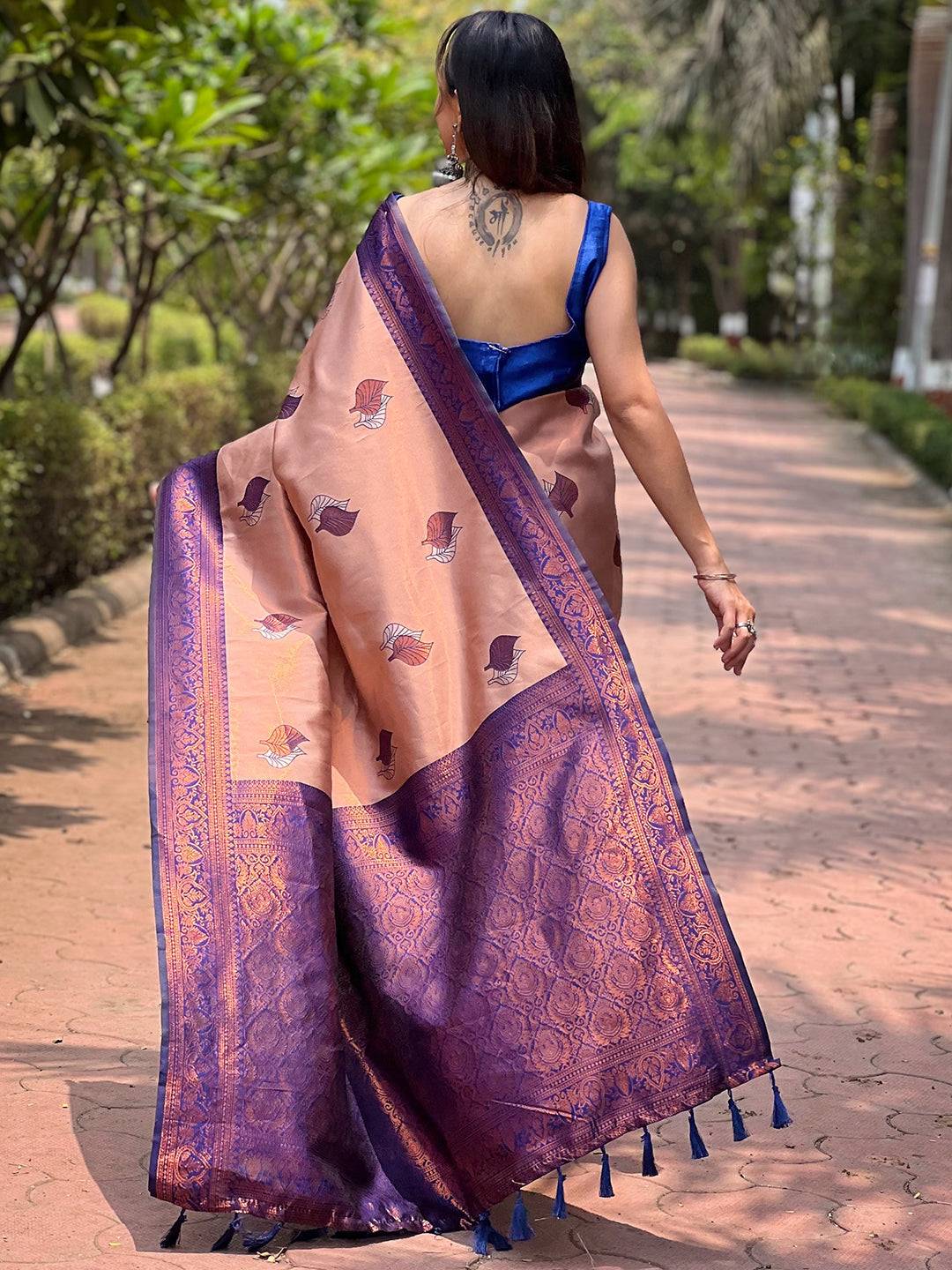 Pastel Peach Kanjivaram Tissue Saree With Gold Zari Weaving by My Store