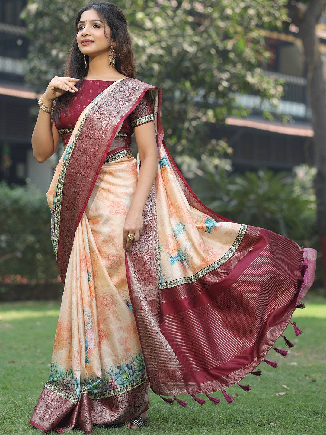 Peach Colour Phulkari Design Zari Weaving Pallu Saree - Luxe by My Store