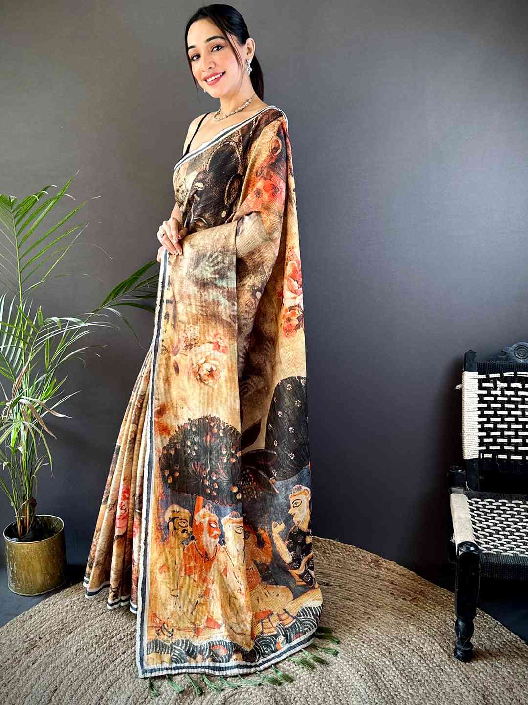 Orange Gold Zari Tussar Batik Print Saree by My Store