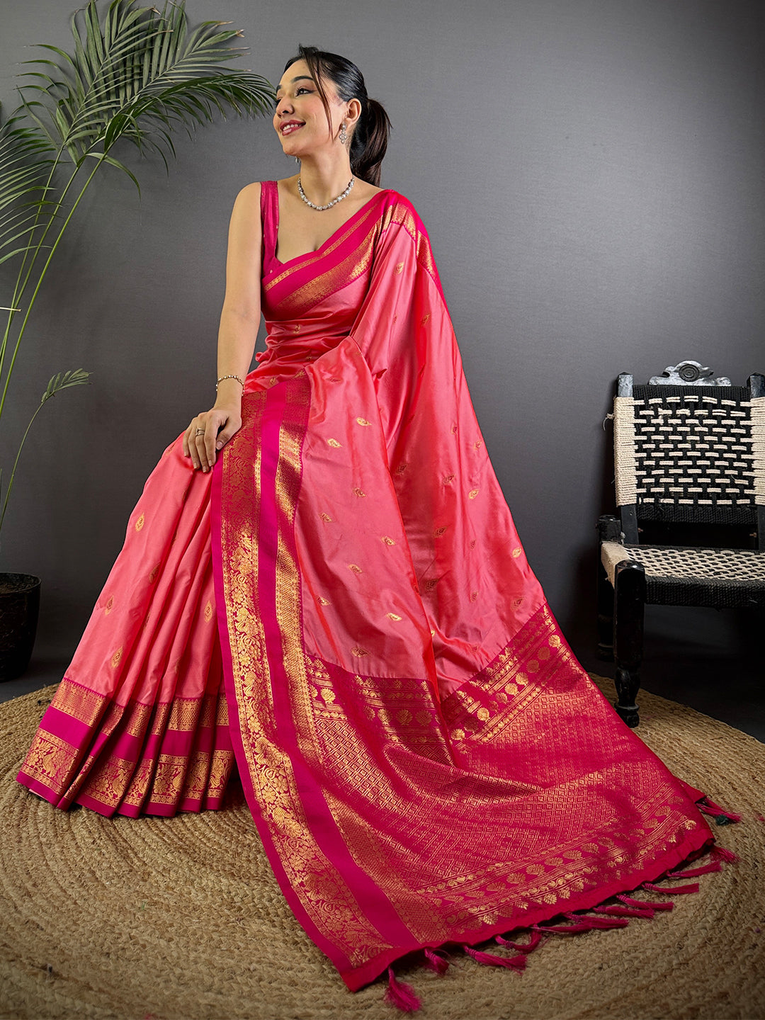Rose Pink Satin Bentex Soft Silk Saree by My Store