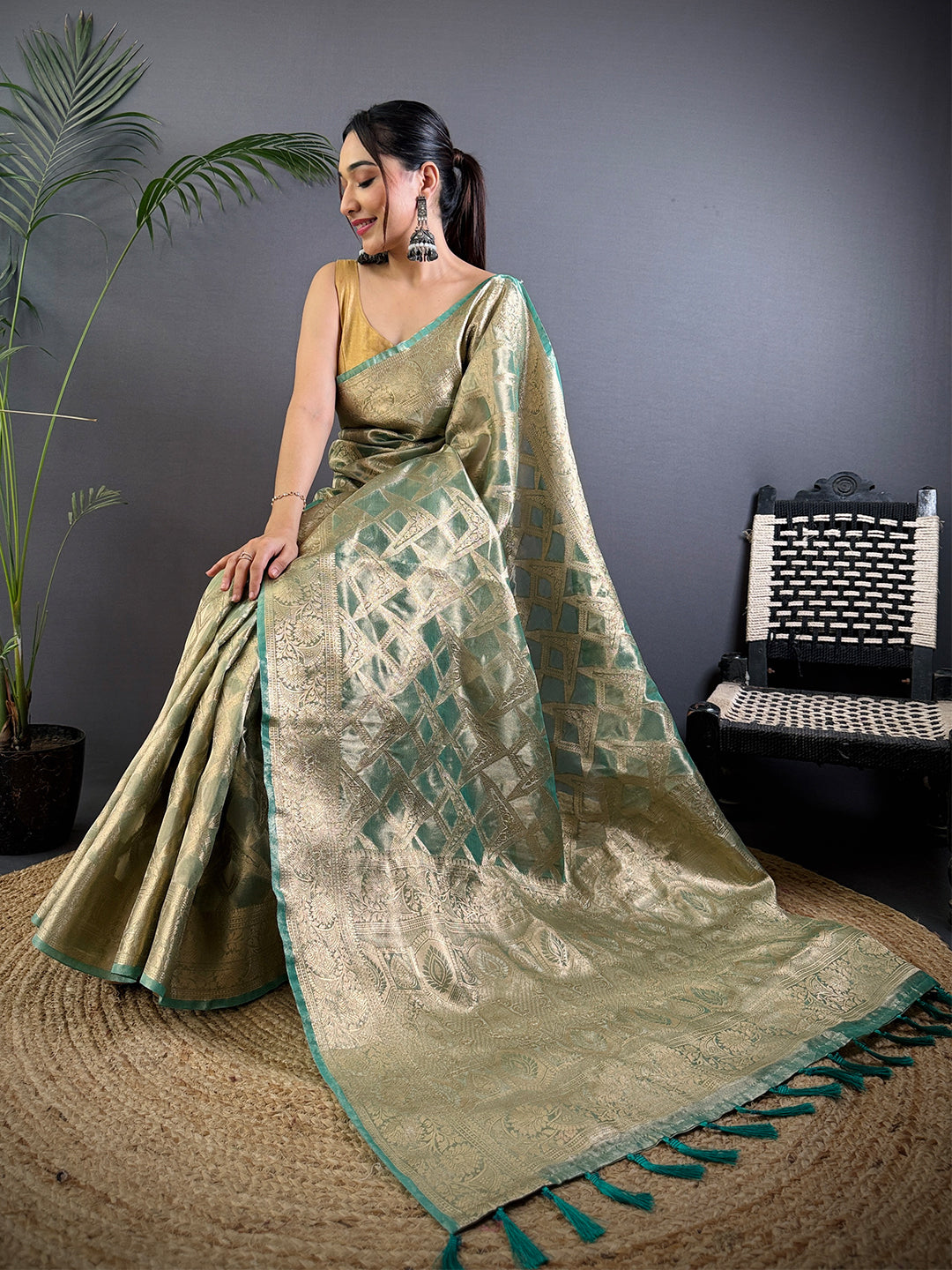 Green Tissue Jarokha Zari Weaving Saree by My Store