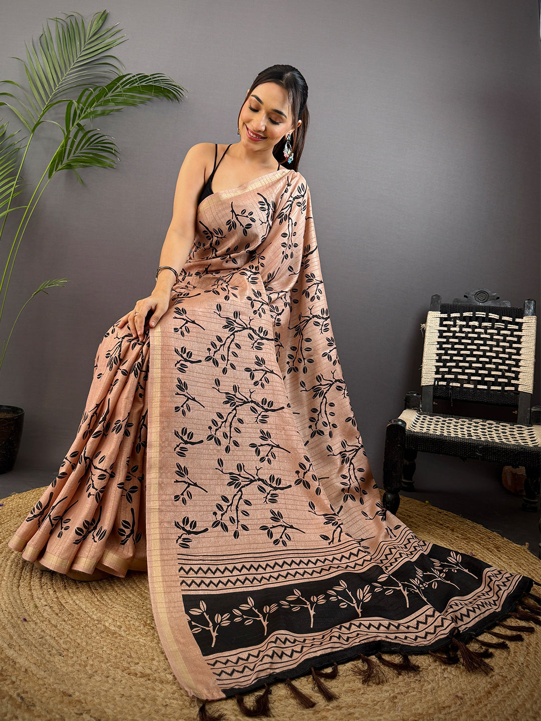 Peach Ghicha Leaf Print Saree by My Store