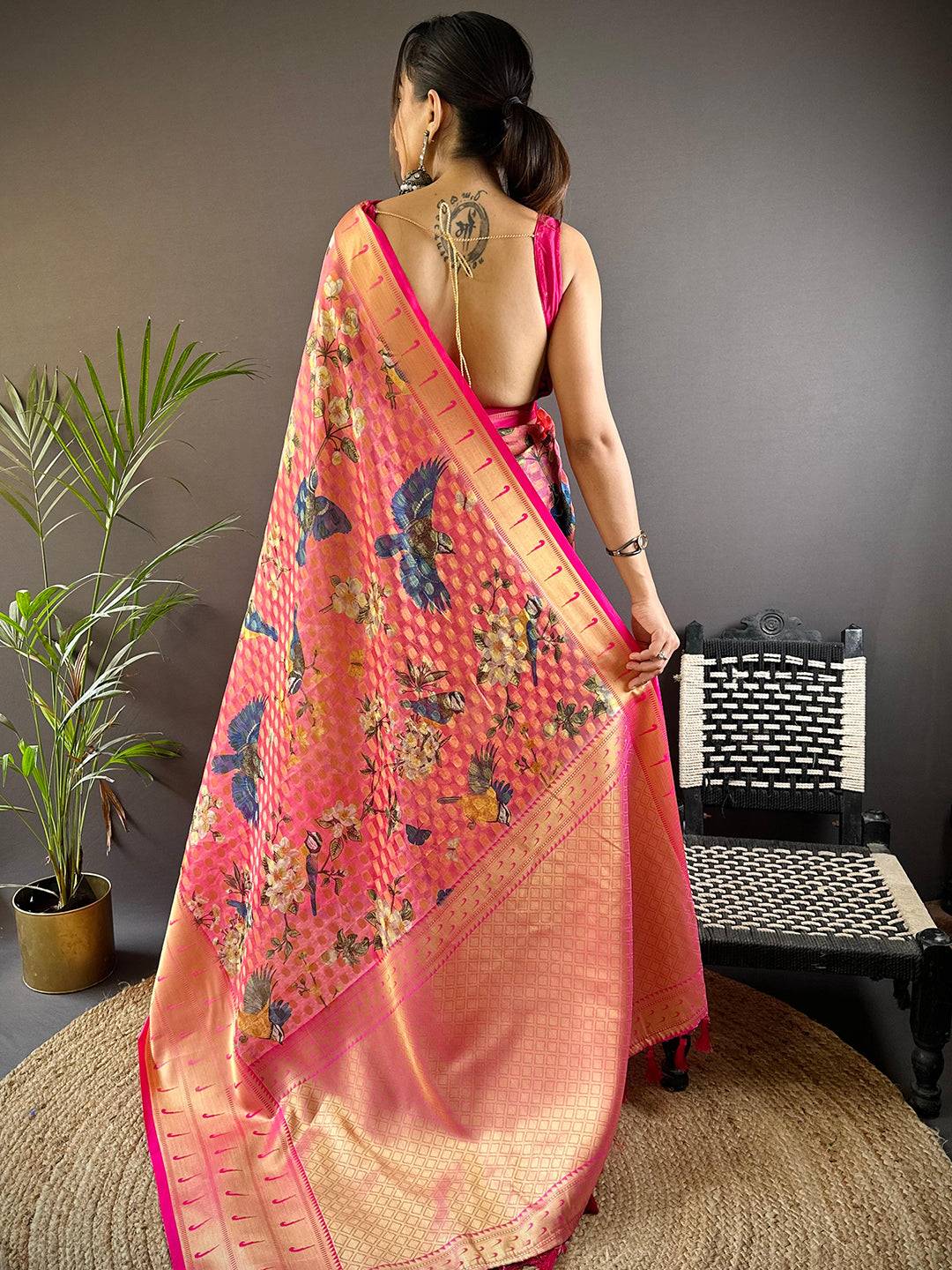 Pink Floral Paithani Kora Silk Saree by My Store