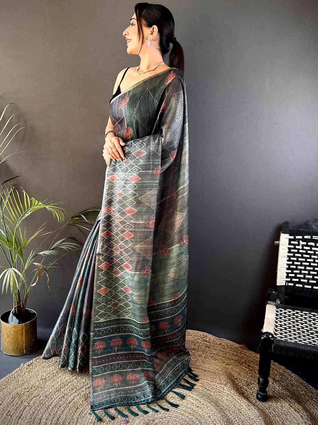 Grey Tissue Chanderi Geometric Floral Saree by My Store