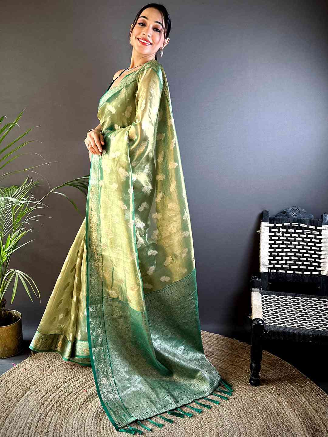 Serene Forest Green Kora Tissue Saree by My Store