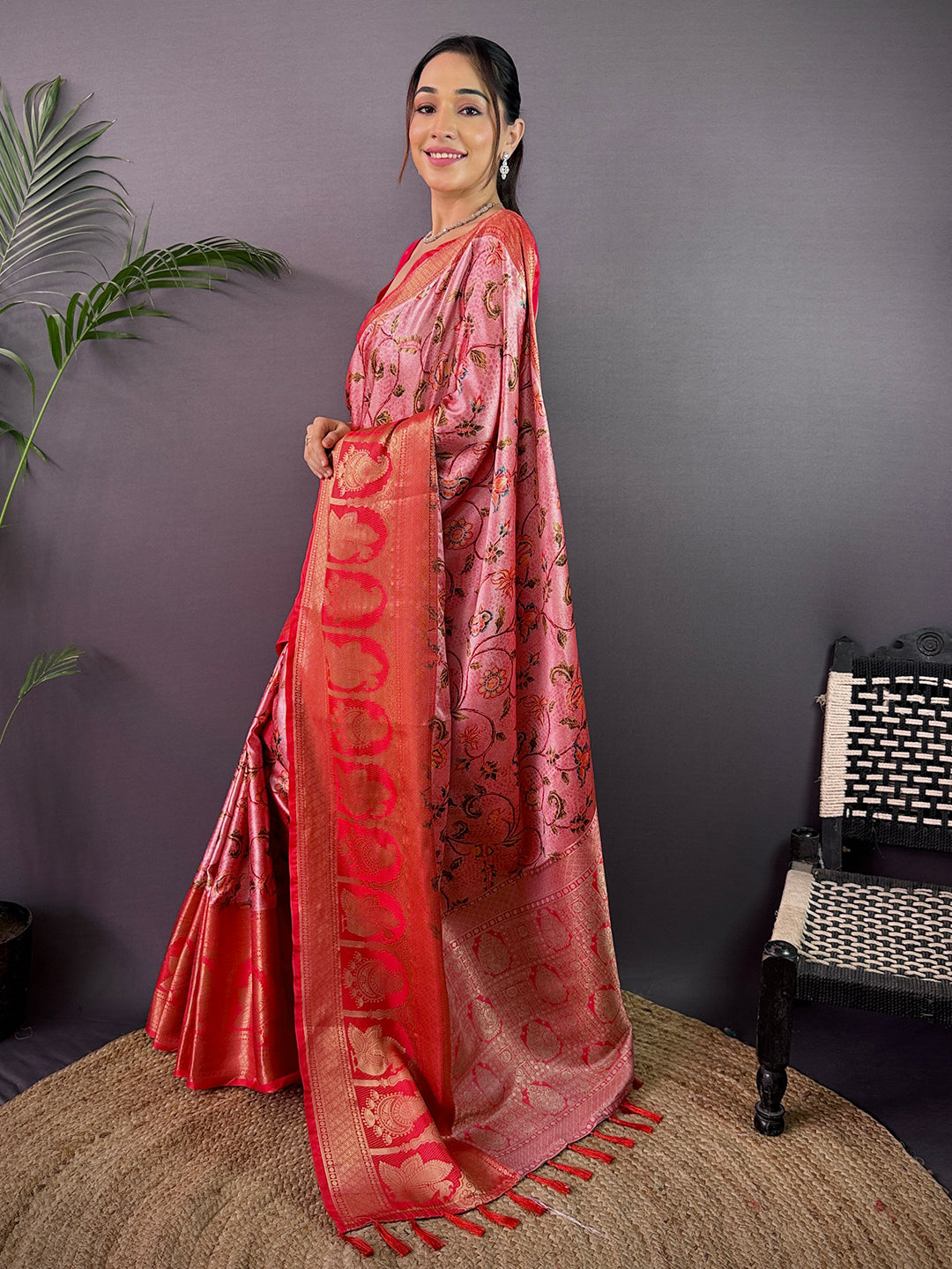 Royal Soft Cherry Satin Kalamkari Print Saree by My Store