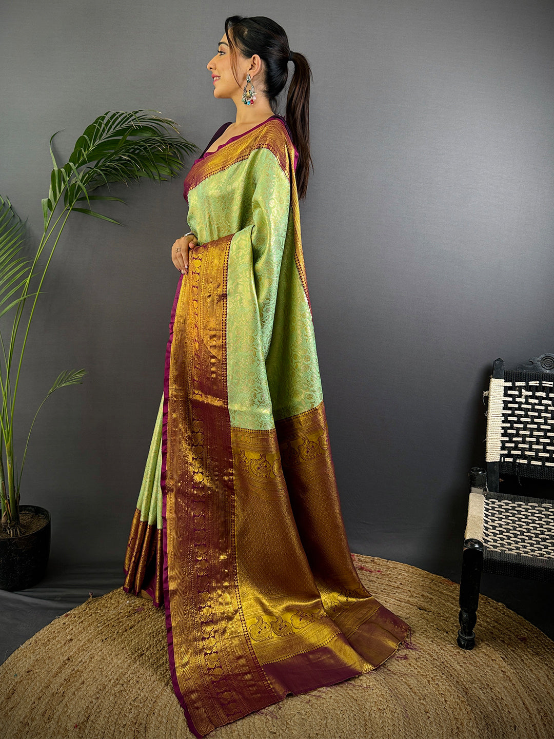 Pastel Mint Green Dharmavaram Silk Saree by My Store