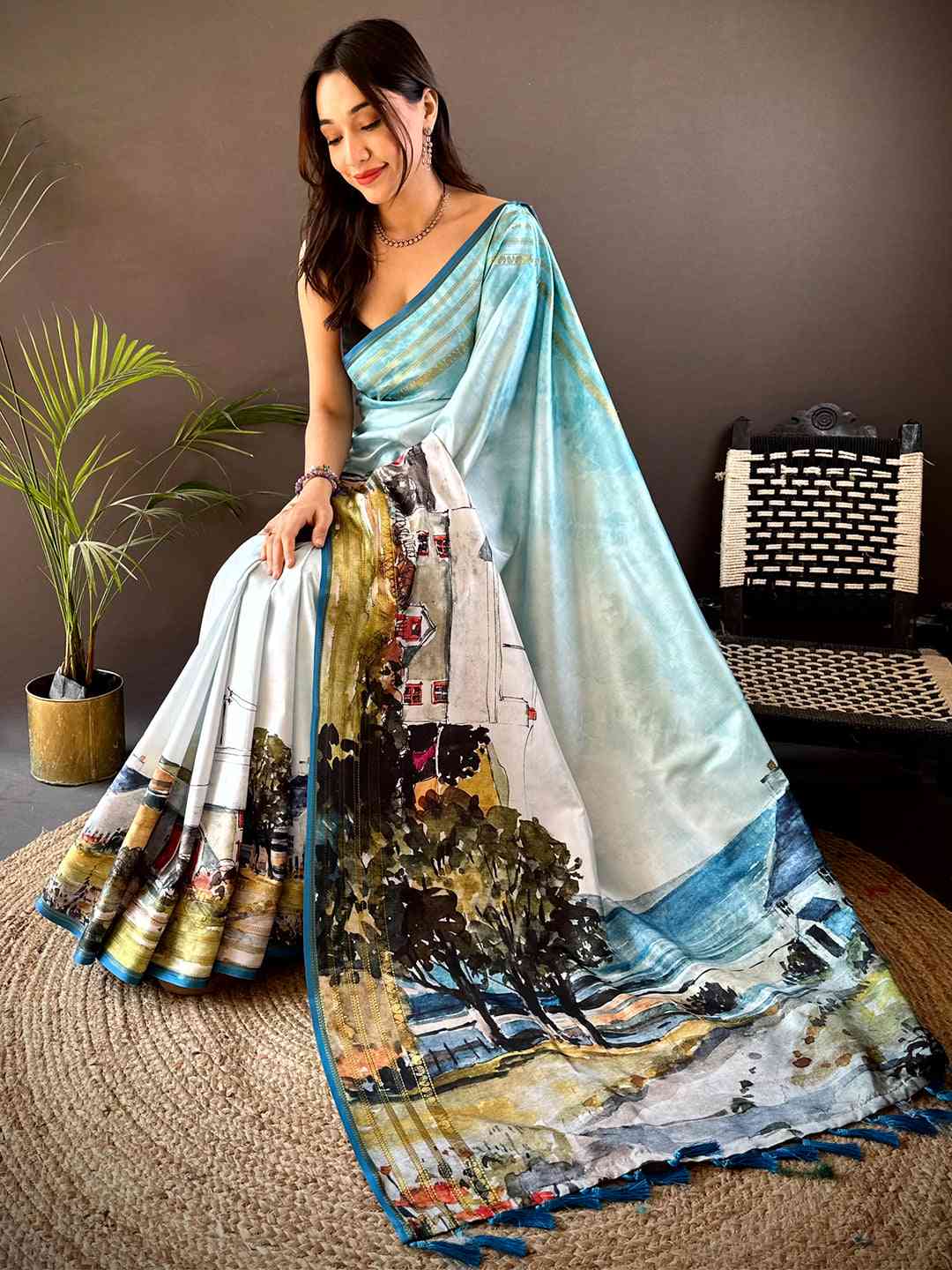 Sky Blue Japanese Freehand Digital Print Saree by My Store